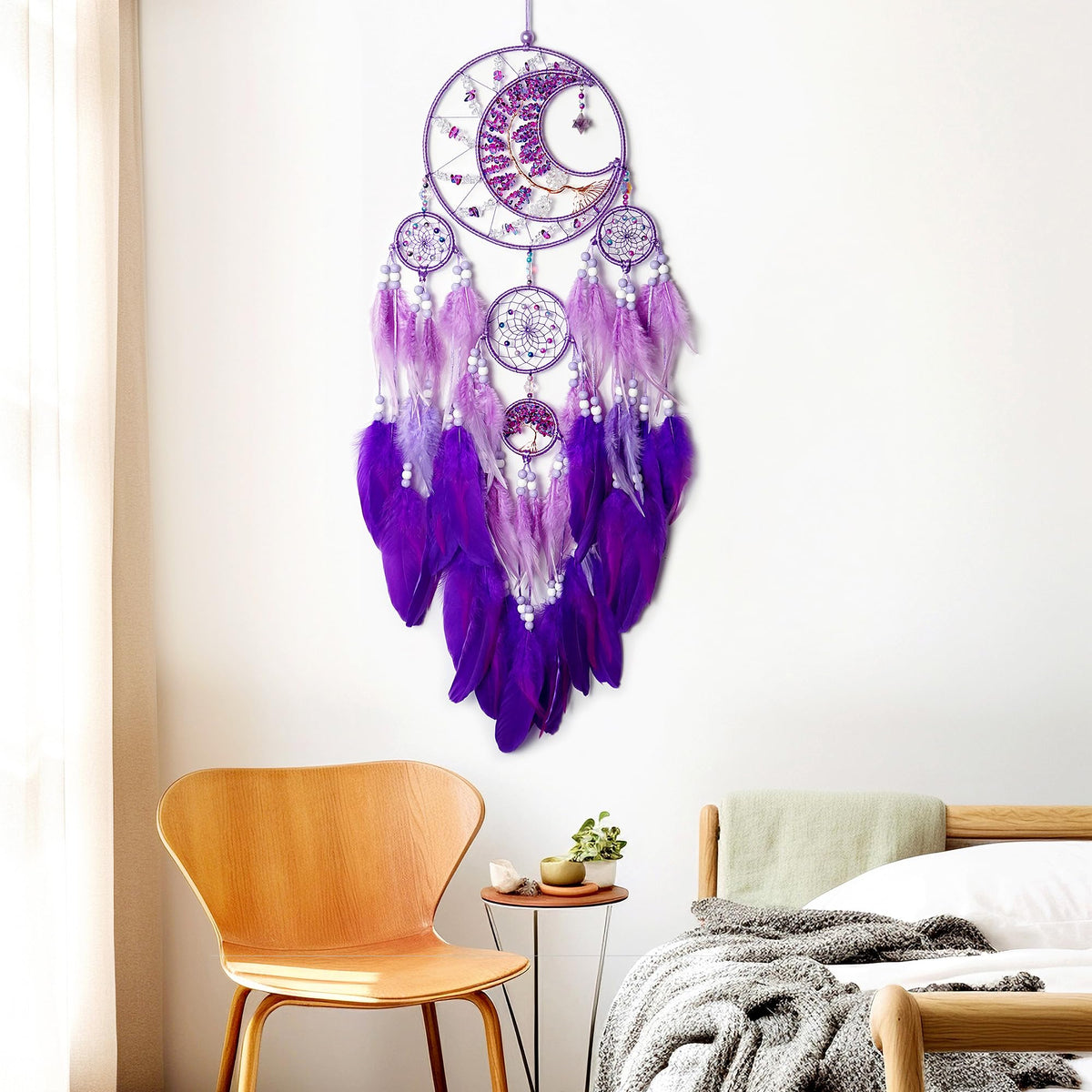 Large Dream Catchers, Handmade Woven Moon Healing Crystal Stone Dream Catcher Wall Hanging Ornament for Bedroom Living Room Wedding Party Decor, Festival Blessing Craft Gift (Purple Moon)