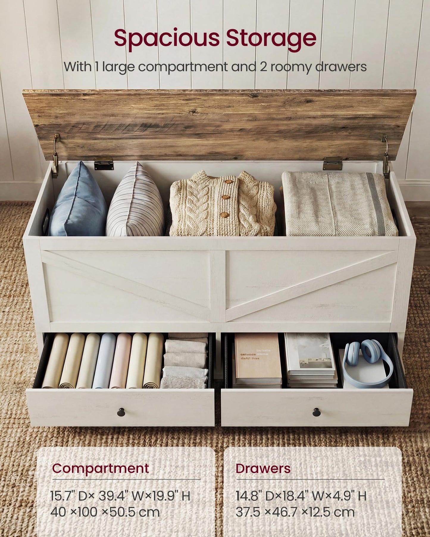 VASAGLE Storage Chest, Storage Bench with 2 Fabric Drawers, Farmhouse Style, for Entryway, Bedroom, Living Room, 15.7 x 39.4 x 19.9 Inches, Rustic White and Honey Brown ULSB043W02