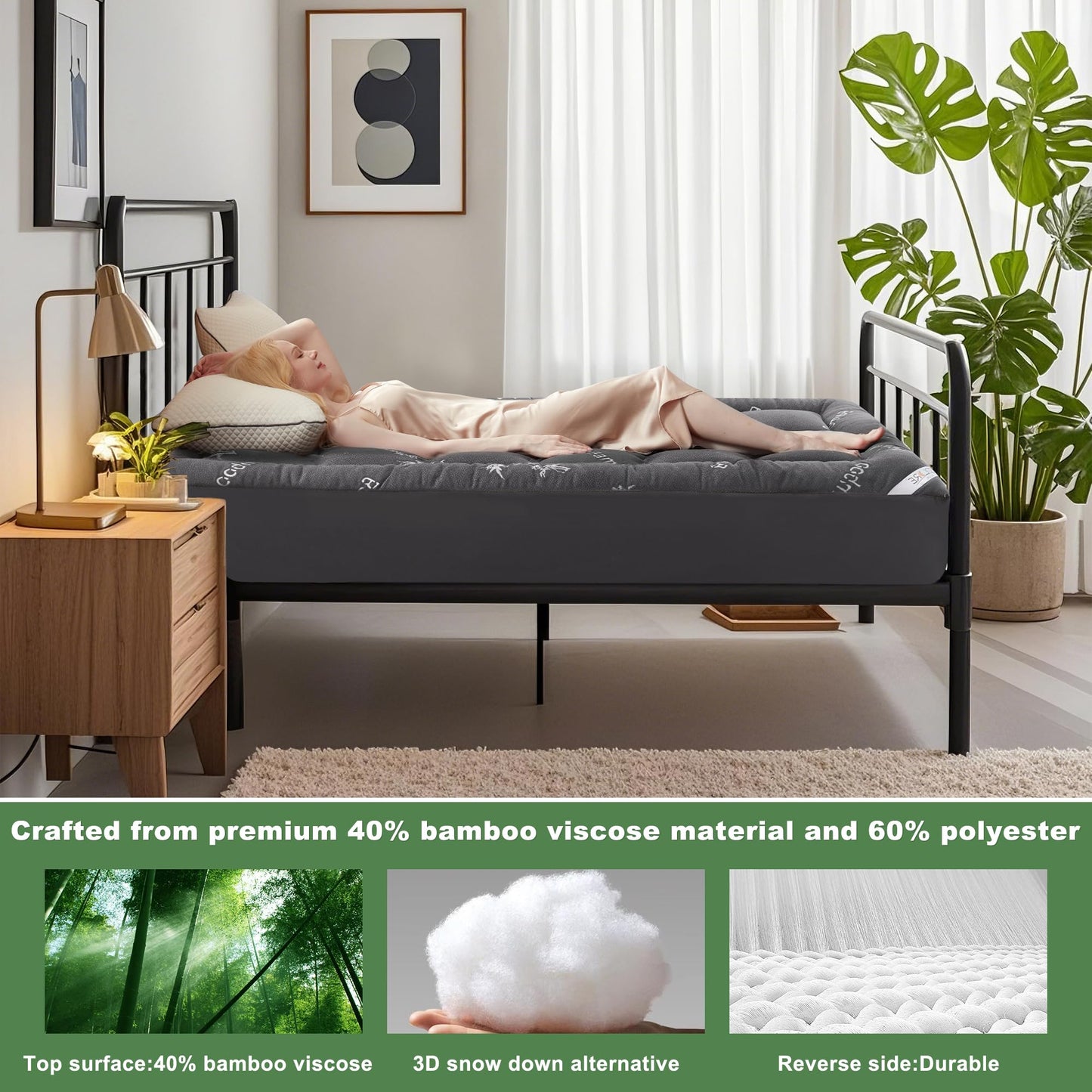 BEDLORE Twin XL Mattress Topper Viscose Derived from Bamboo, Thick Pillow Top Mattress Pad with Deep Pockets for 6-15 inches Mattress, Soft Mattress Topper College Dorm Size for Back Pain(Dark Gray)