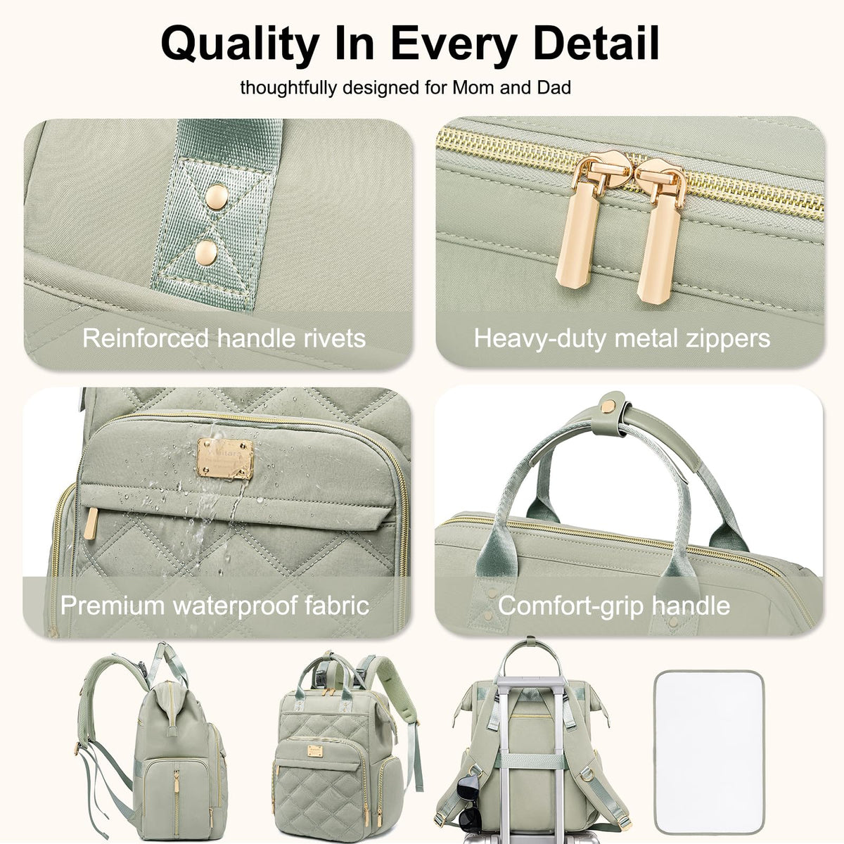 Weitars Diaper Bag Backpack Large Baby Diaper Bag with Changing Pad Green