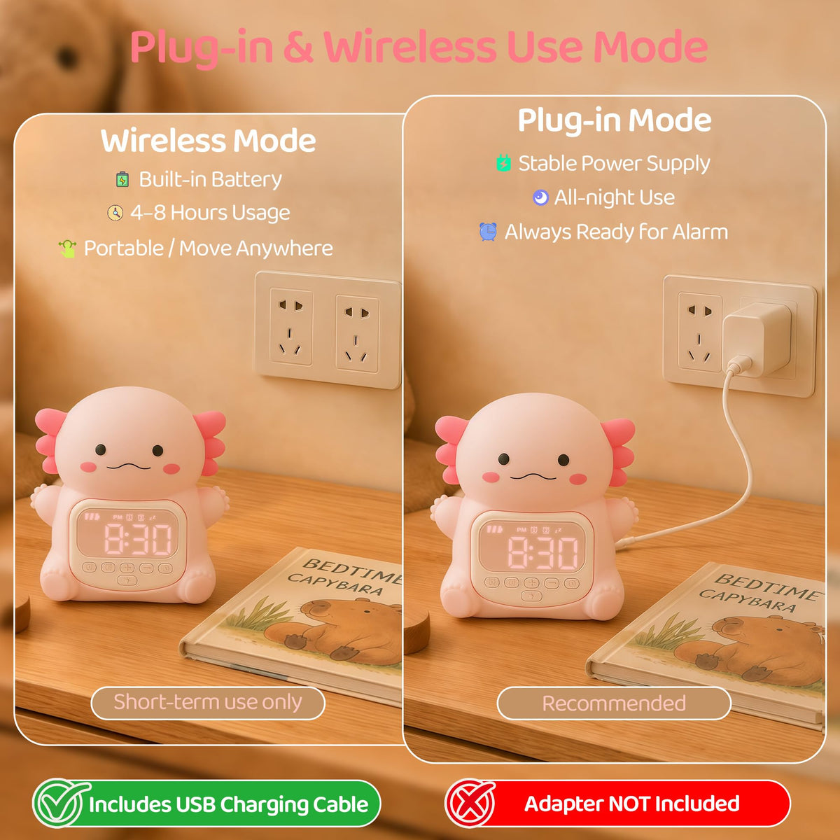 Axolotl Alarm Clock for Kids, Cute Night Light Toddler Alarm Clocks, Pink