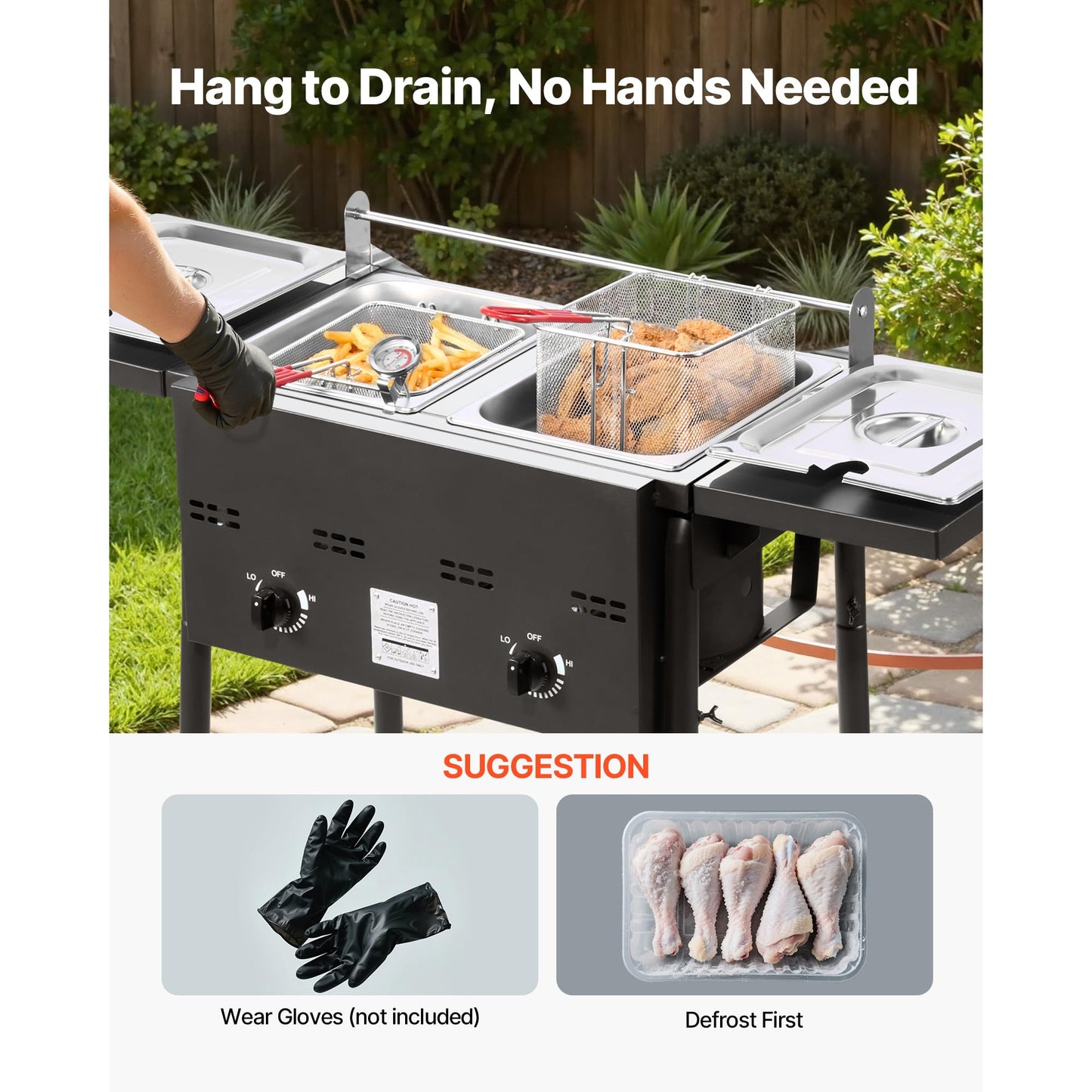 VEVOR Outdoor Propane Deep Fryer, Double Burners Commercial Fryer, 16 Qt Stainless Steel Cooker with Removable Baskets & Lids & Tanks, Oil Fryer Cart with Thermometer & Regulator, For Outdoor Cooking