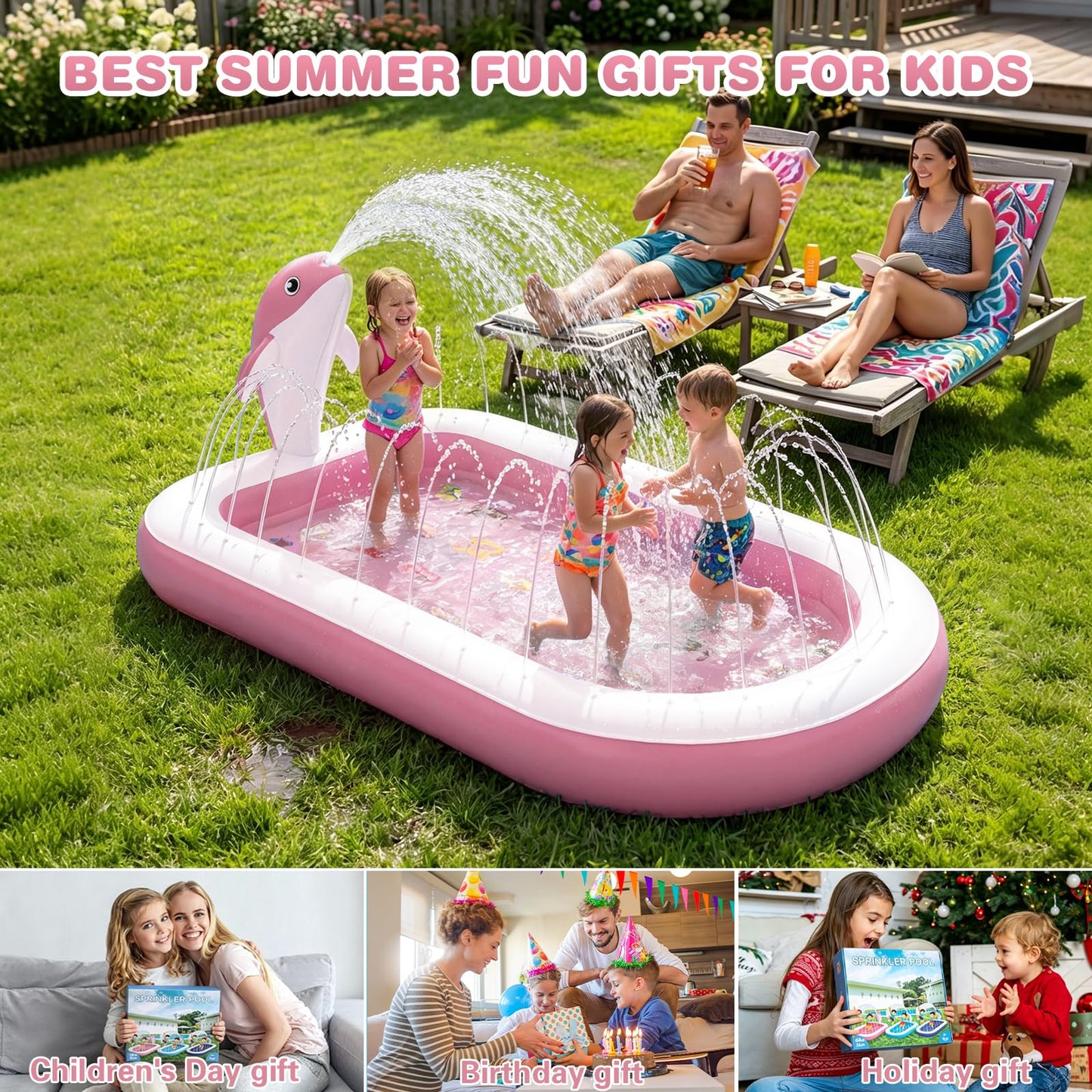 Splash Pads for Toddlers 1-3, Dolphin Toy Sprinkler for Kids, Outdoor Play Mat for Babies, 68" Backyard Inflatable Kiddie Pool, Splash Pad for Kids Ages 4-8, Birthday Gifts for 1 Year Old Boy Girl