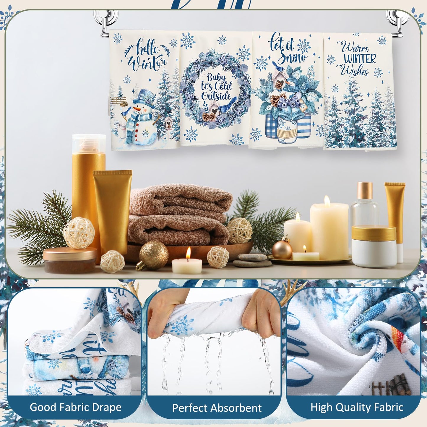 Tranqun 8 Pcs Winter Shower Curtain Set Towels Mat Toilet Lid Cover Hook