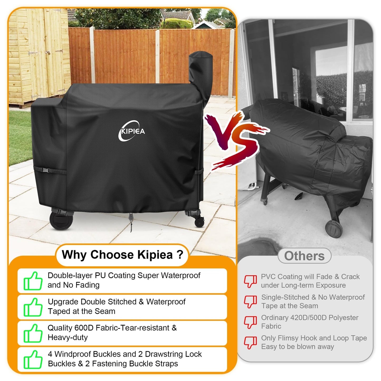 Kipiea 600D Heavy Duty Grill Cover for Traeger Pro 34 & 780 Series, Waterproof Wood Pellet Smoker Cover with Windproof Buckles, Pellet BBQ Grill Covers for Outside Anti-UV, No Tear, No Fading