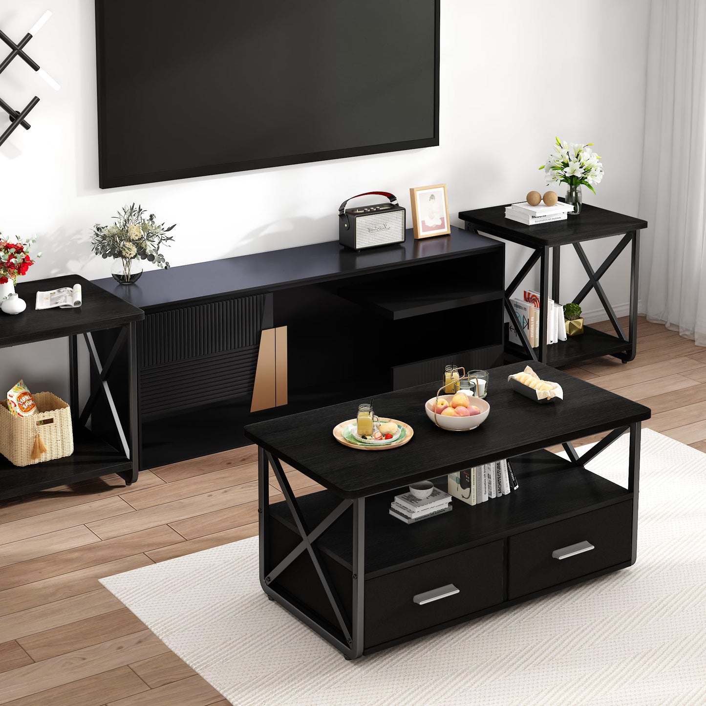 DKLGG 3 Piece Coffee Table Set for Living Room with Fabric Drawers and Storage Shelves, Rustic Wood and Metal Frame, Industrial Farmhouse Table with 2 End Tables for Small Spaces, Apartment, Black