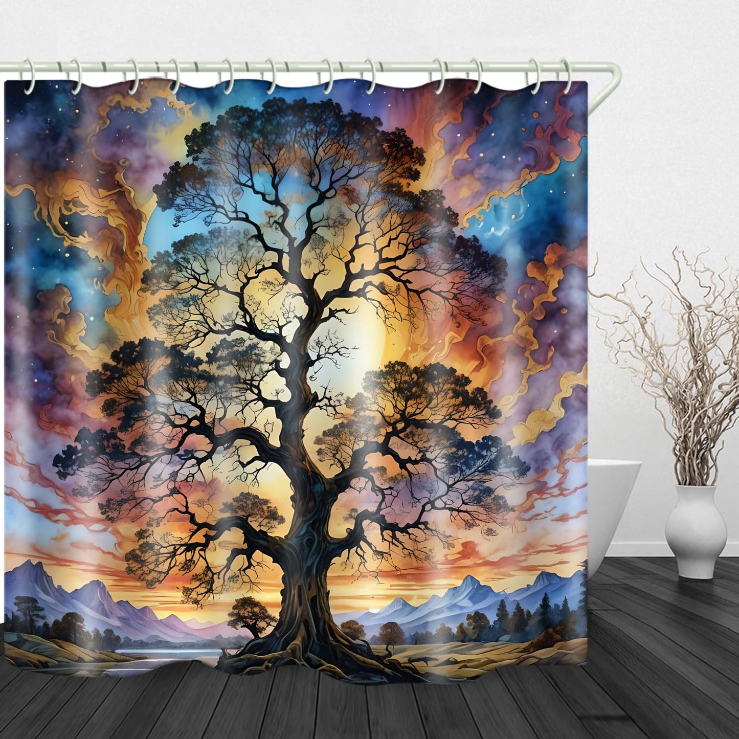 LYFANS Shower Curtains Life Tree Theme, Colorful Bright Sky Brings A Unique Artistic Atmosphere to The Bathroom, 72x79 Inch Fabric Shower Curtain with 12 Hooks.