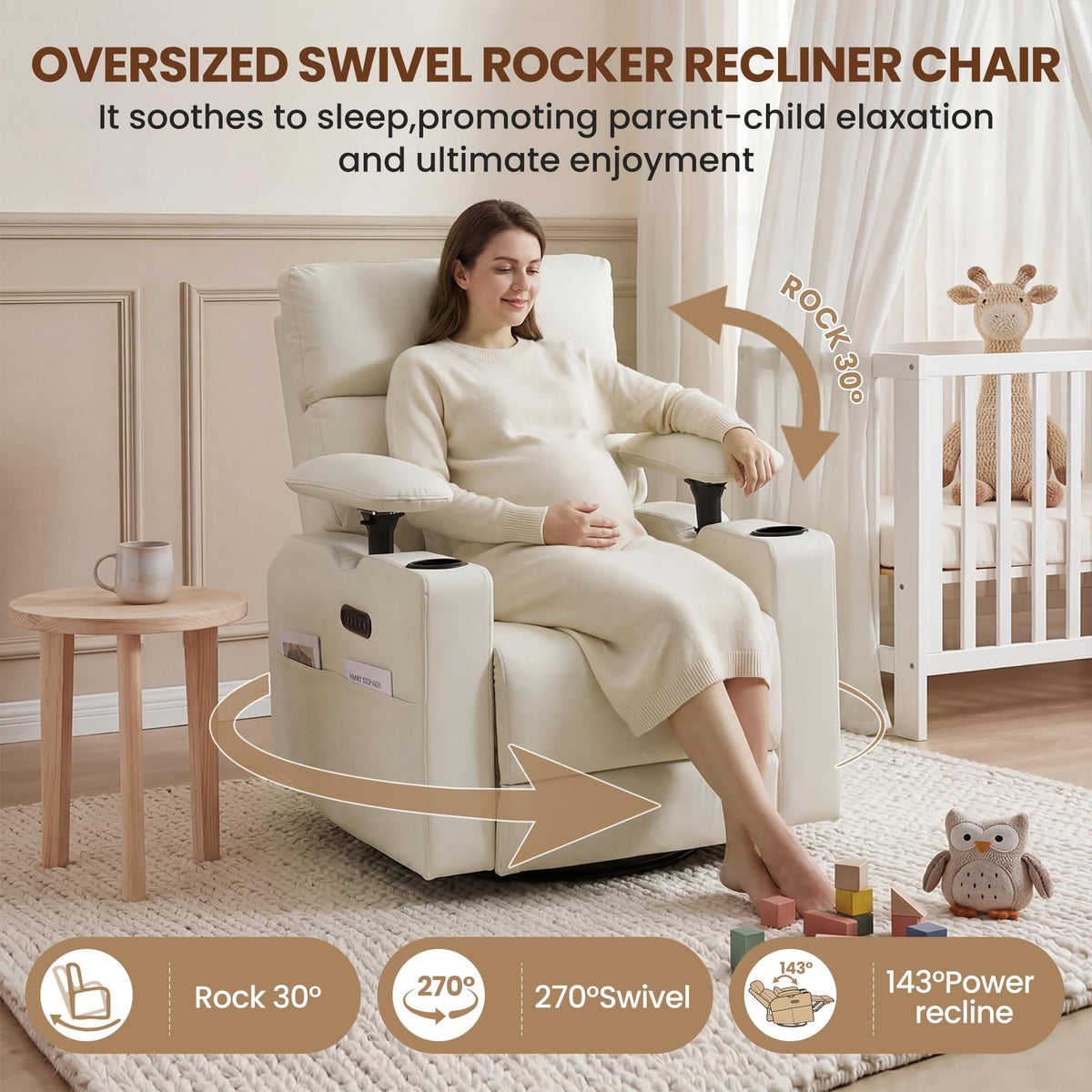 FiveWillowise Power Rocking Nursery Chair with Adjustable Armrests&Headrest