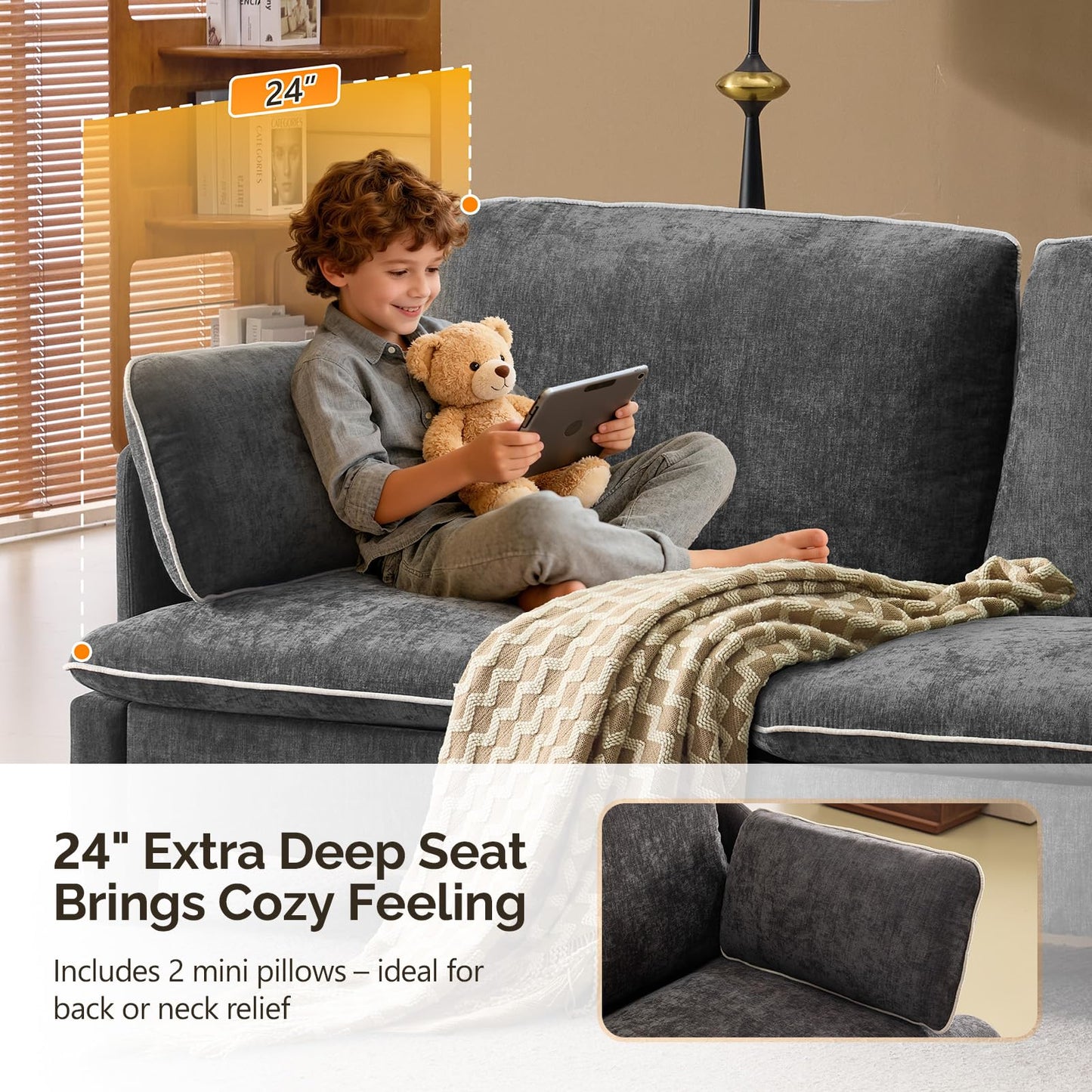 VINGLI 84" Sofa Couch, 3 Seater Extra Deep Seat Upholstered Living Room Couches with 2 Piped Seater Cushions, Throw Pillows, Modern Linen Velvet Fabric Sofa for Apartment, Bedroom, Office