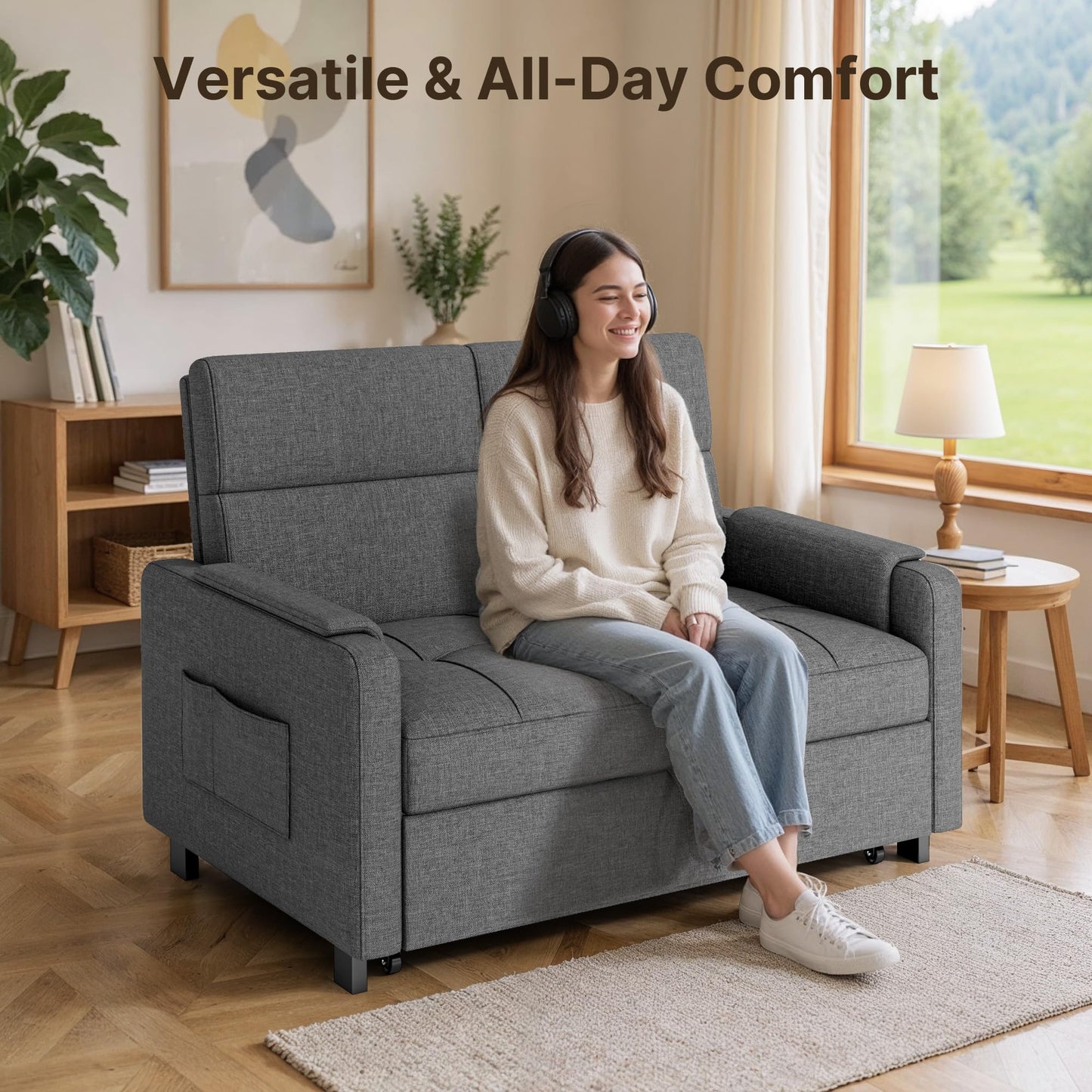 Gizoon Convertible Sofa Bed, 3-in-1 Pull Out Couch, 5-Position Adjustable Backrest & Side Pockets, Modern Small Loveseat Sleeper Sofa for Living Room, Apartment, Dorm, Studio, Guest Room, Grey