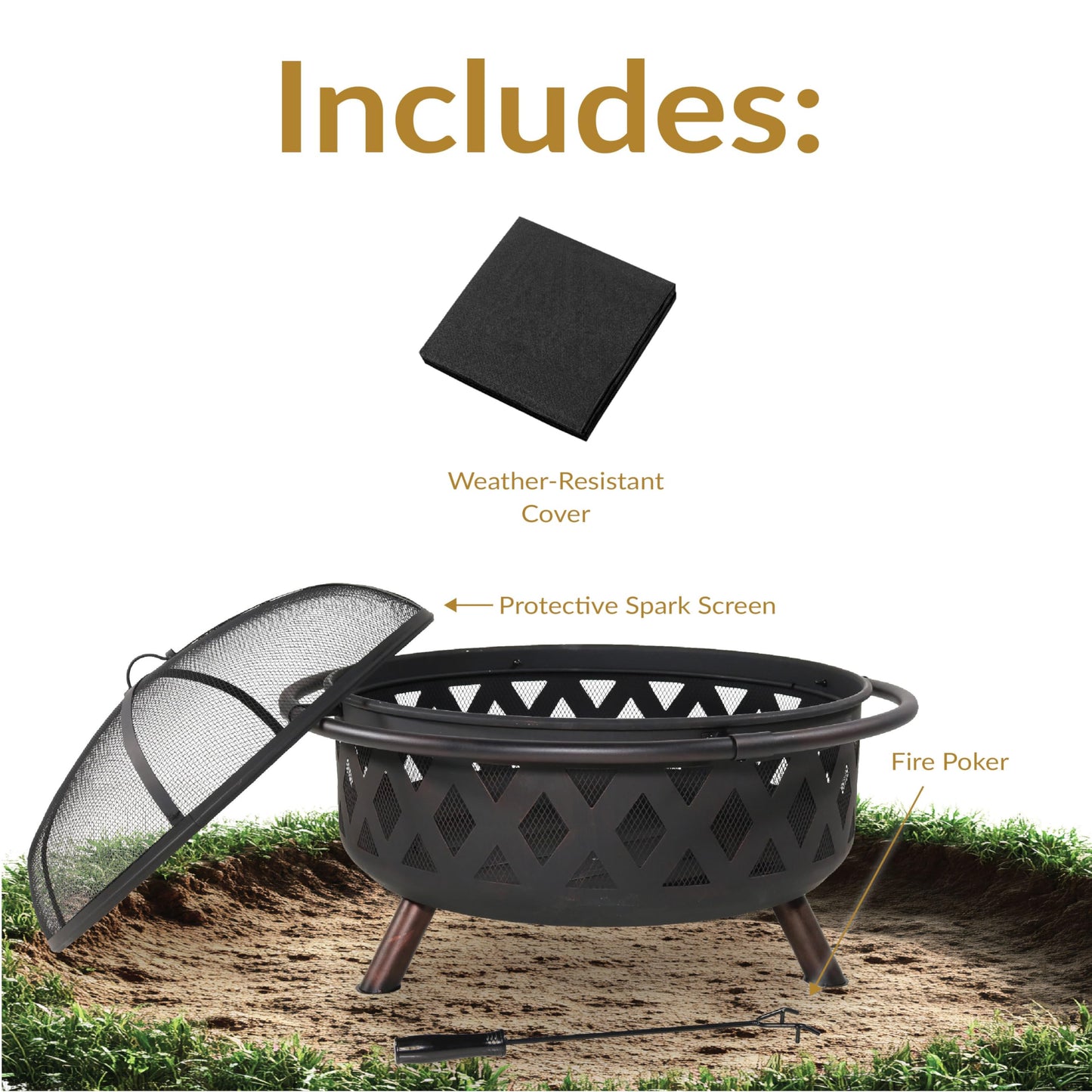 Sunnydaze Crossweave Outdoor Fire Pit - Wood-Burning Fire Pit for Outside with Spark Screen, Poker and Round Cover - 36-Inch - Black