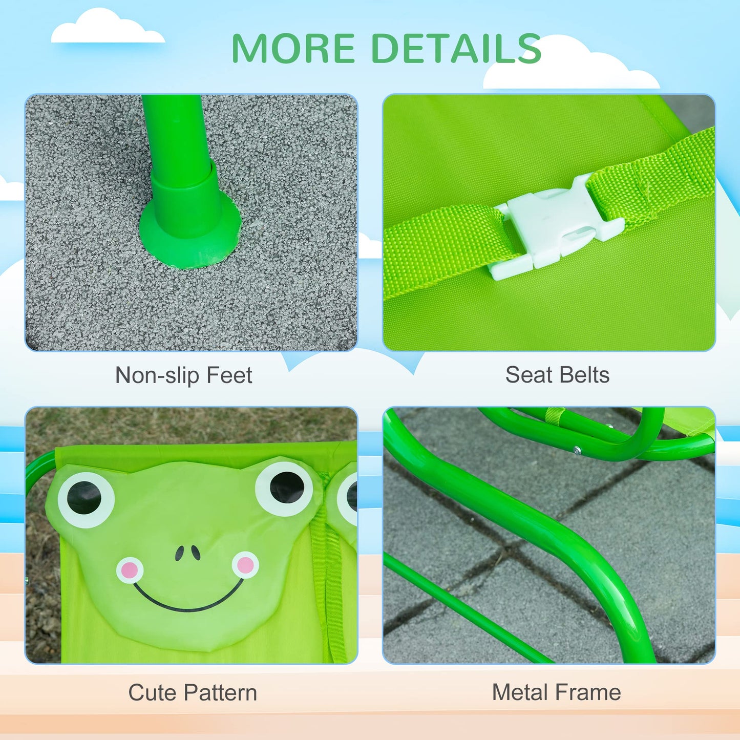 Outsunny Kids Patio Swing, 2-Seater Outdoor Swing Chair with Adjustable Canopy and Safety Belt, Frog Pattern Hanging Swing Bench for Garden or Backyard, Green