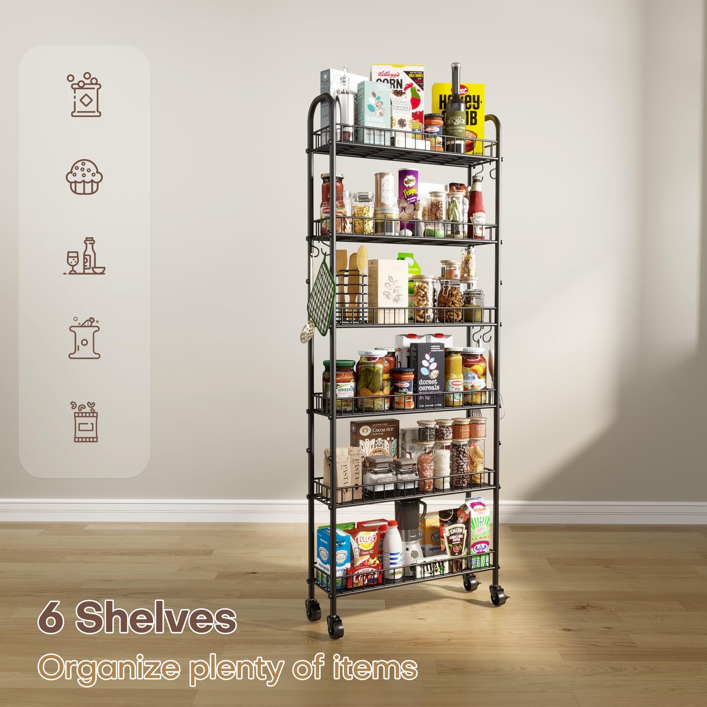 Qiaoxuan Slim Rolling Storage Cart with Wheels, Metal 6 Tier Spice Rack Mobile Shelving Unit Organizer Kitchen Utility Cart for Office Bathroom Kitchen Laundry Room Narrow Places (6inches)