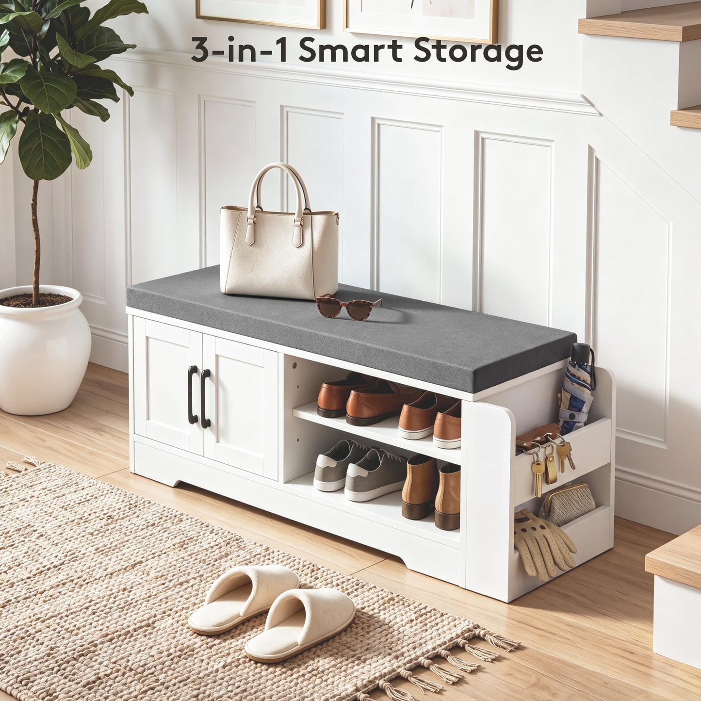 Farmhouse Shoe Storage Bench with 3-in-1 Entryway Storage & Padded Seat