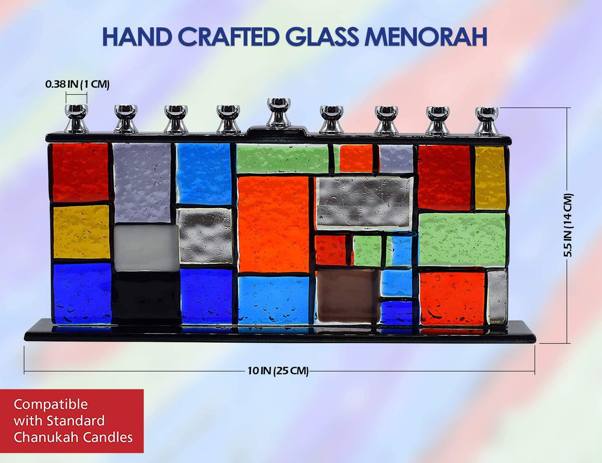Ner Mitzvah Glass Hanukkah Menorah - Wall of Unity Multicolored Chanukah - Handcrafted Painted Glass - Fits All Standard Candles