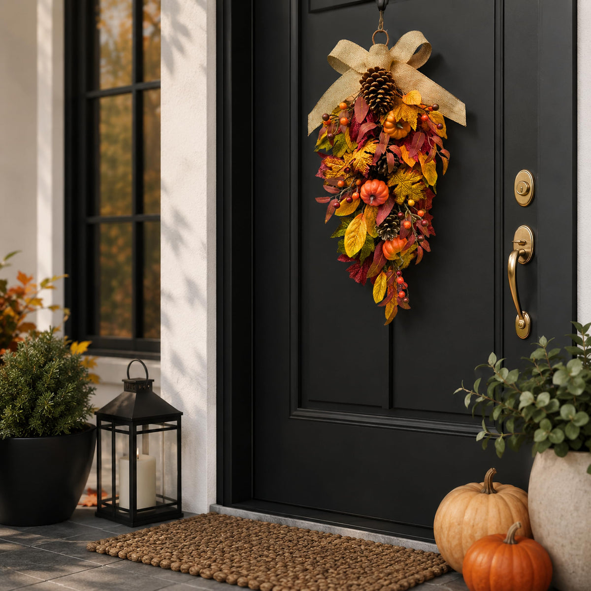 Svndlyn 25 Inch Fall Teardrop Swag with Pumpkins Pinecones Maple Leaves