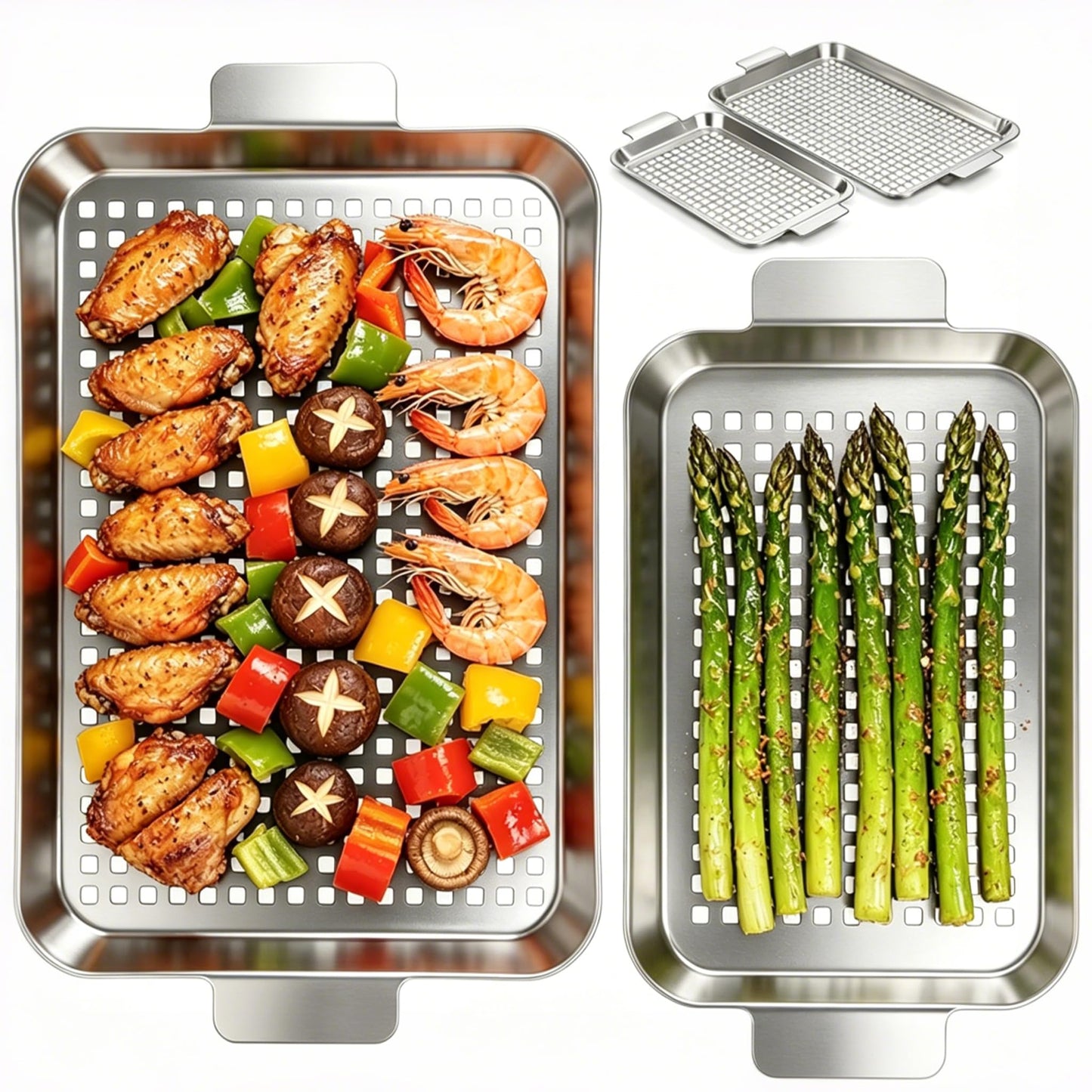 Ayiusideza 2PCS Grill pan, Stainless Steel BBQ Grill Topper for Outdoor Grill with Hole, suitable for picnicking, camping, yard (2 pieces)