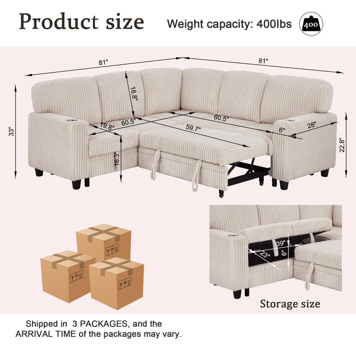 KavlSean 81" Corduroy L Shaped Sectional Sleeper Sofa Pull Out Bed 5-Seater