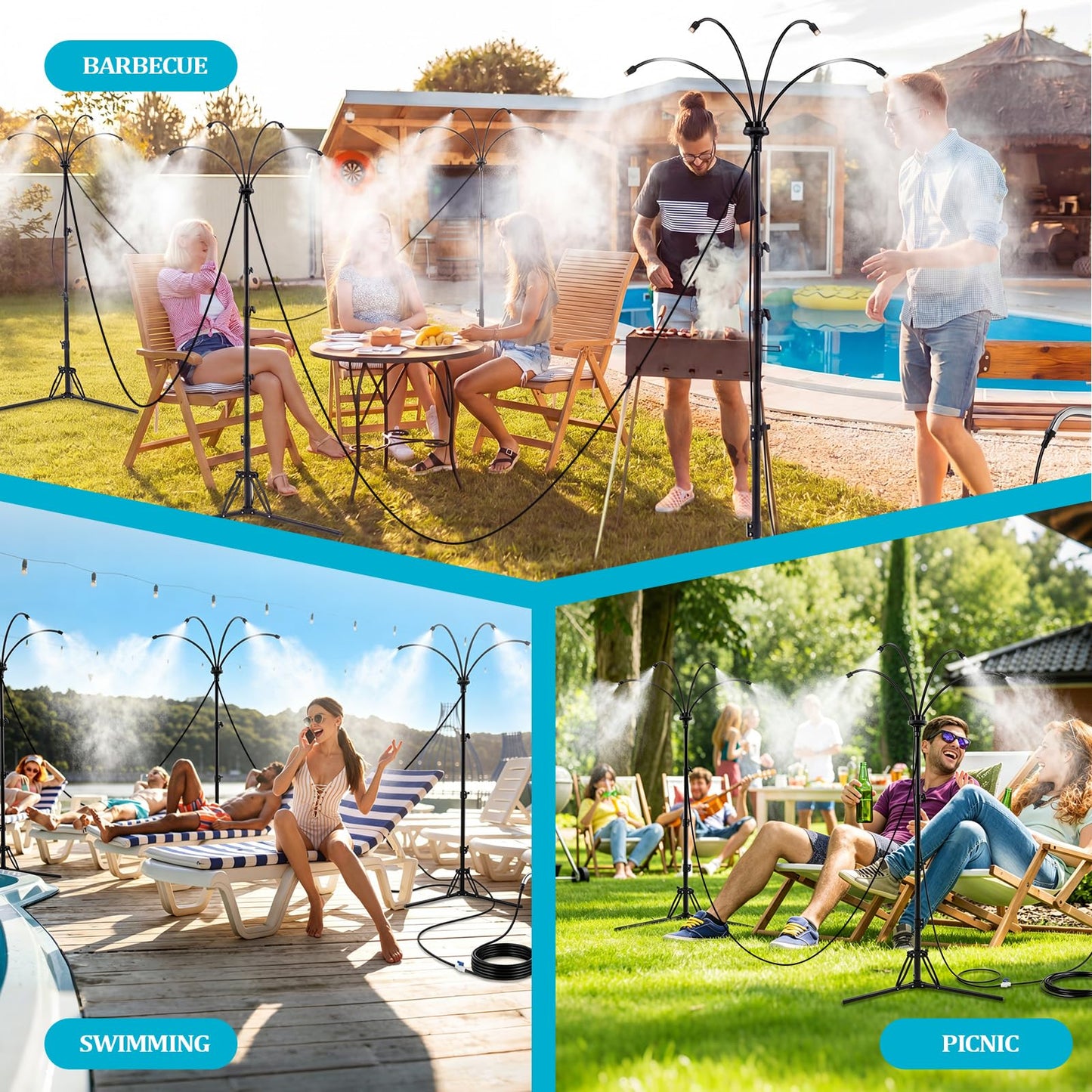 Pickmesh 2 Set Standing Misters for Outside Patio, Adjustable Height 5.3 FT Misting System for Cooling Outdoor, Portable Water Mister with 26FT 360° Flexible Hose & Tripod, for Patio, Backyard, Pool