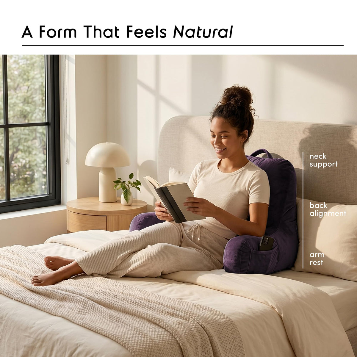 Nestl Reading Pillow for Bed, Back Pillow for Sitting Up in Bed, Purple