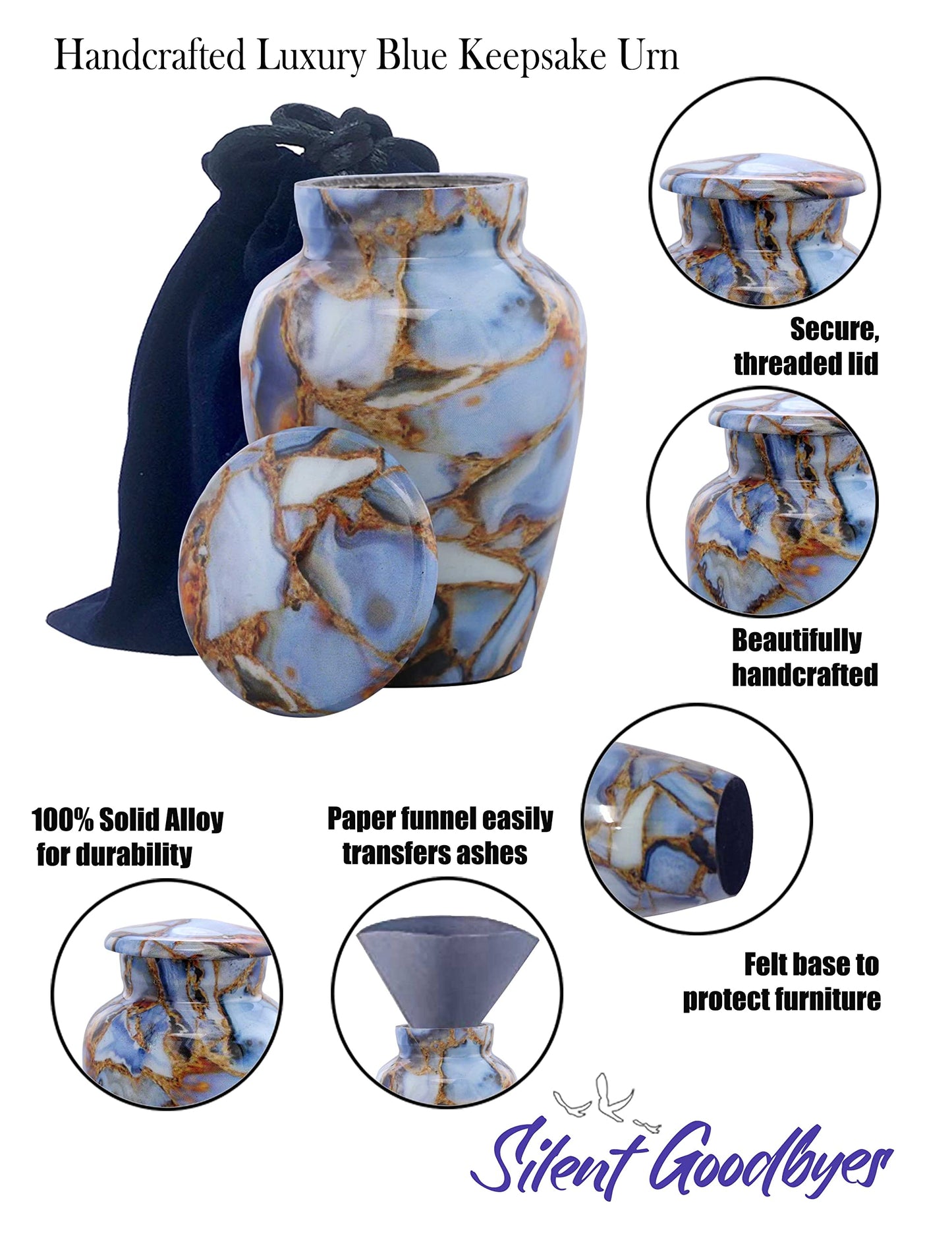 Small Keepsake Cremation Urns for Human Ashes - Marble Finish Metal Keepsake Urn - Mini Cremation Urn for Pet Ashes - Handcrafted Memorial Urn - Funeral Urns with Velvet Bag (Luxury Blue)