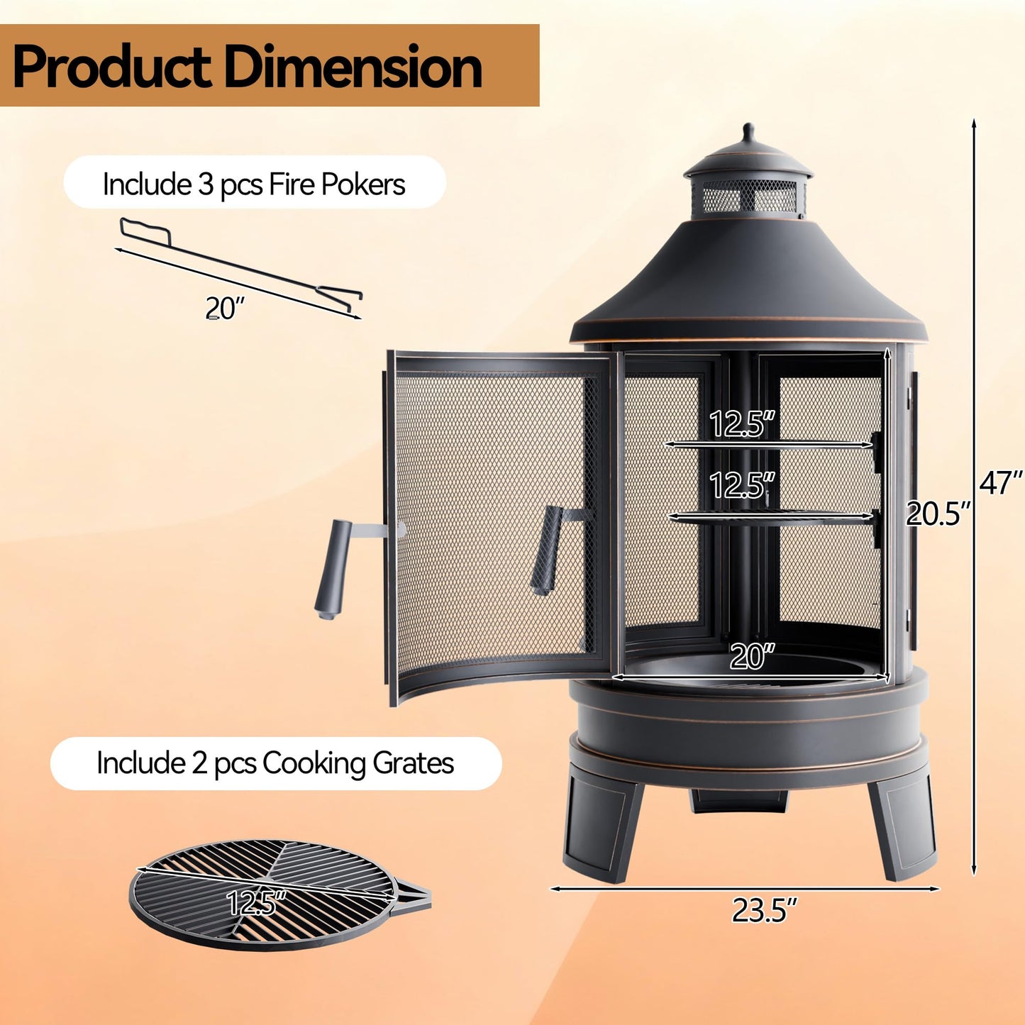 ASJMR Metal Outdoor Fire Pit for Outside Wood Burning，24 Inch Chiminea Outdoor Fireplace with Adjustable Grill Tray, Spark Screen Door & Fire Poker, for Patio, Garden, Backyard