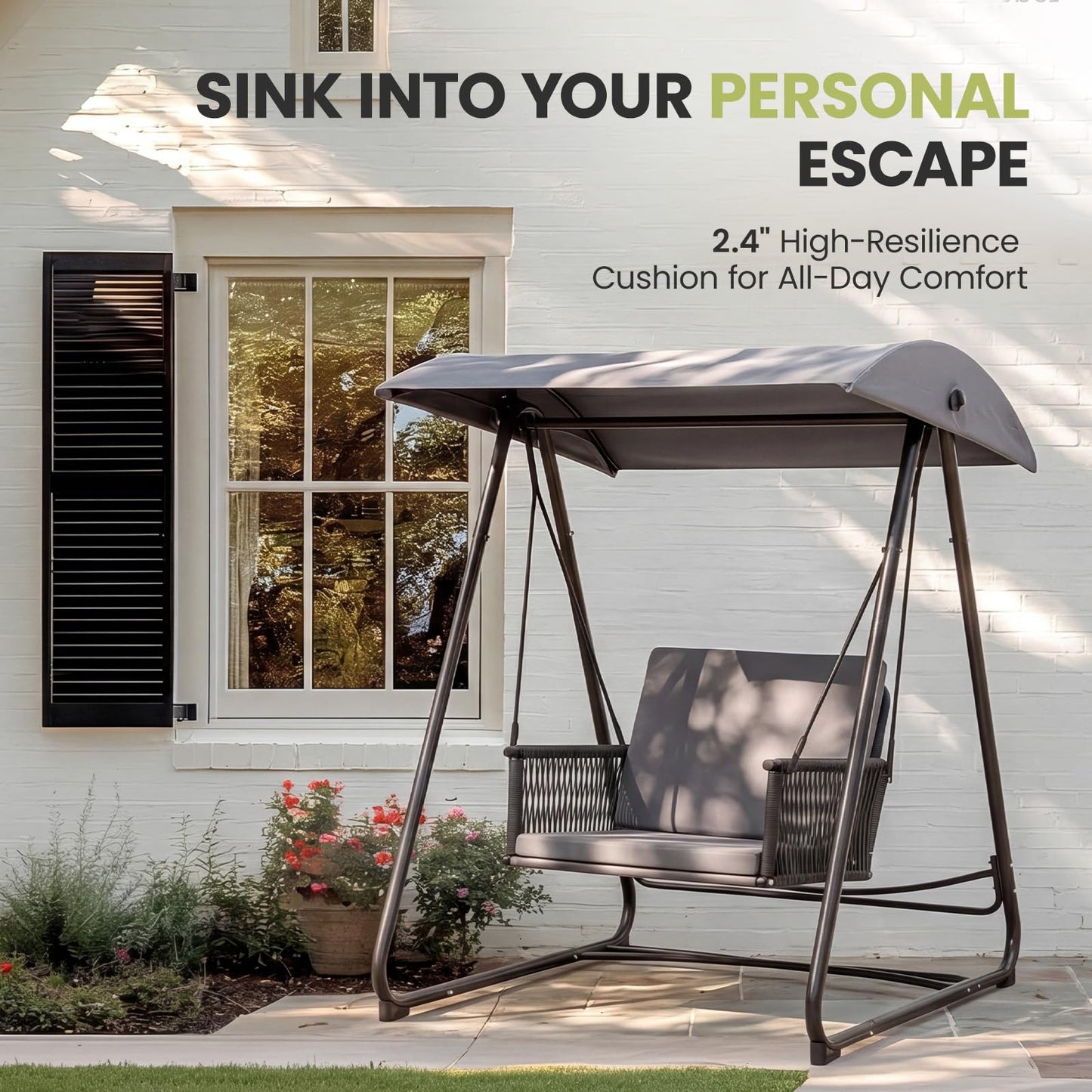 DAYARUS Porch Swing with Stand, Outdoor Swing with Canopy, All Weather Outdoor Swings for Adults, 400lbs Heavy Duty Porch Swings with Removable Cushions, Single Hanging Chair for Small Space, Grey