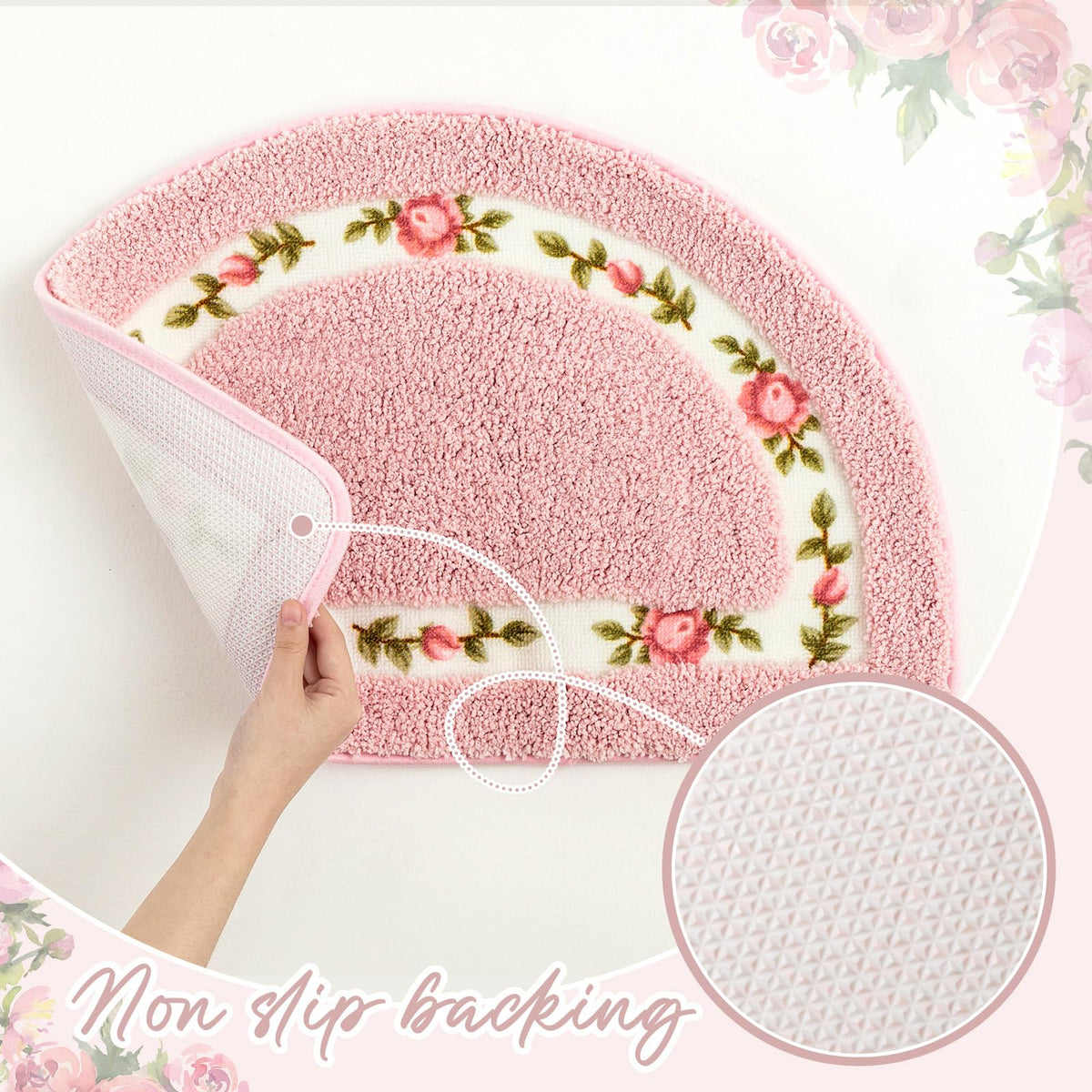 Drydiet 3 Pcs Floral Bathroom Rugs Set, Pink Non Slip Bath Mats, Pink