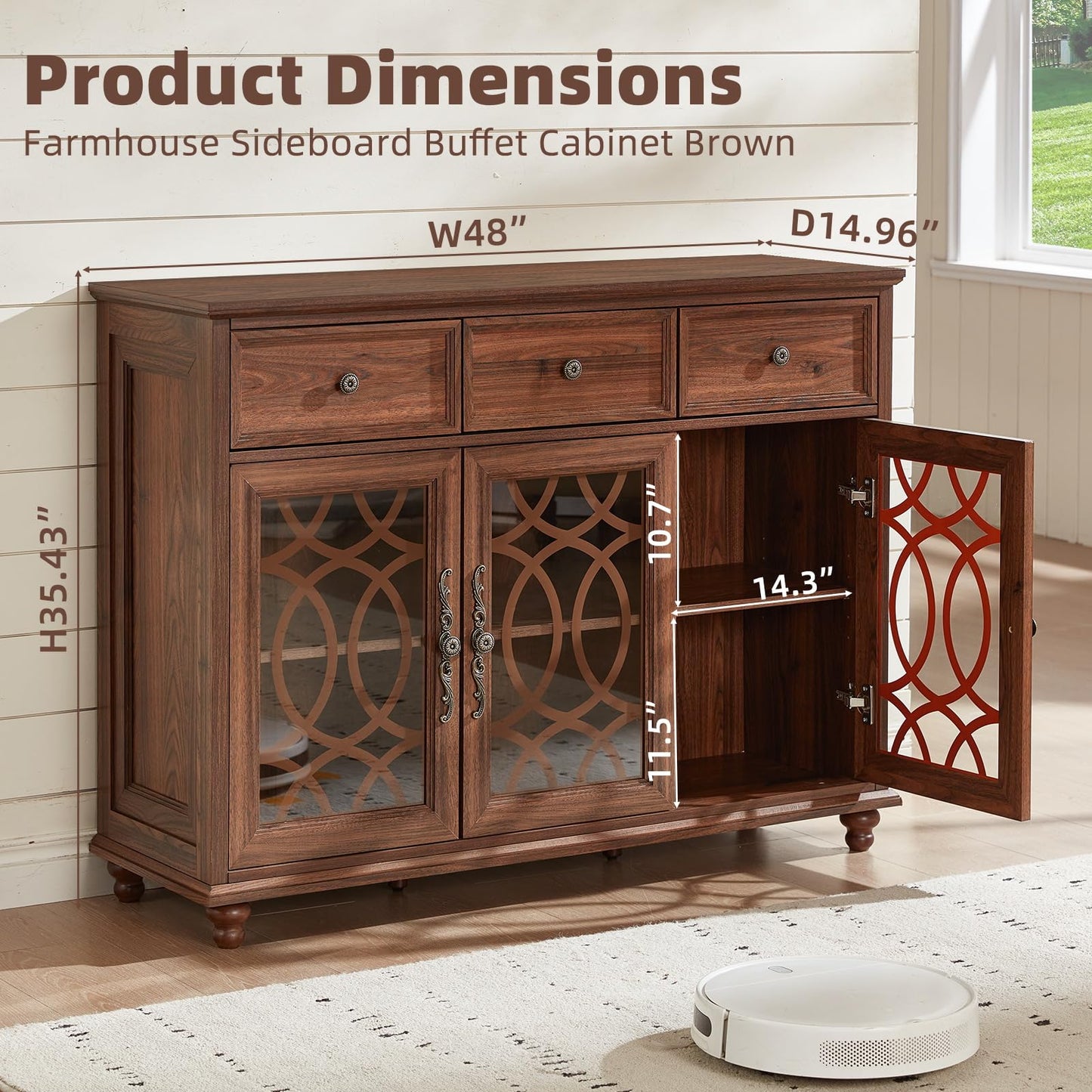 Joaxswe Farmhouse Sideboard Buffet Cabinet with Storage,48" Large Credenza with 3 Glass Doors & 3 Drawers,Adjustable Shelves Console Table,Wood Kitchen Coffee Bar for Dining Room,Living Room,Brown