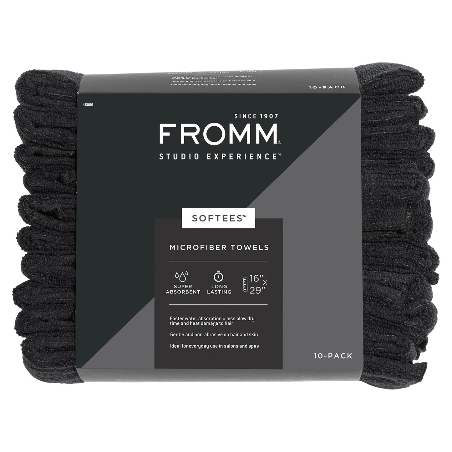 Fromm Softees Microfiber Hair Towels, Absorbent Salon Hair Towels for Hairstylists, Barbers, Spa & Gym, Fast-Drying, Ultra-Soft, Lint-Free, Multi-Purpose Towels, 16" x 29"- 10-Pack - Black
