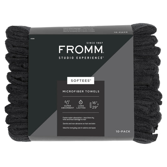 Fromm Softees Microfiber Hair Towels, Absorbent Salon Hair Towels for Hairstylists, Barbers, Spa & Gym, Fast-Drying, Ultra-Soft, Lint-Free, Multi-Purpose Towels, 16" x 29"- 10-Pack - Black