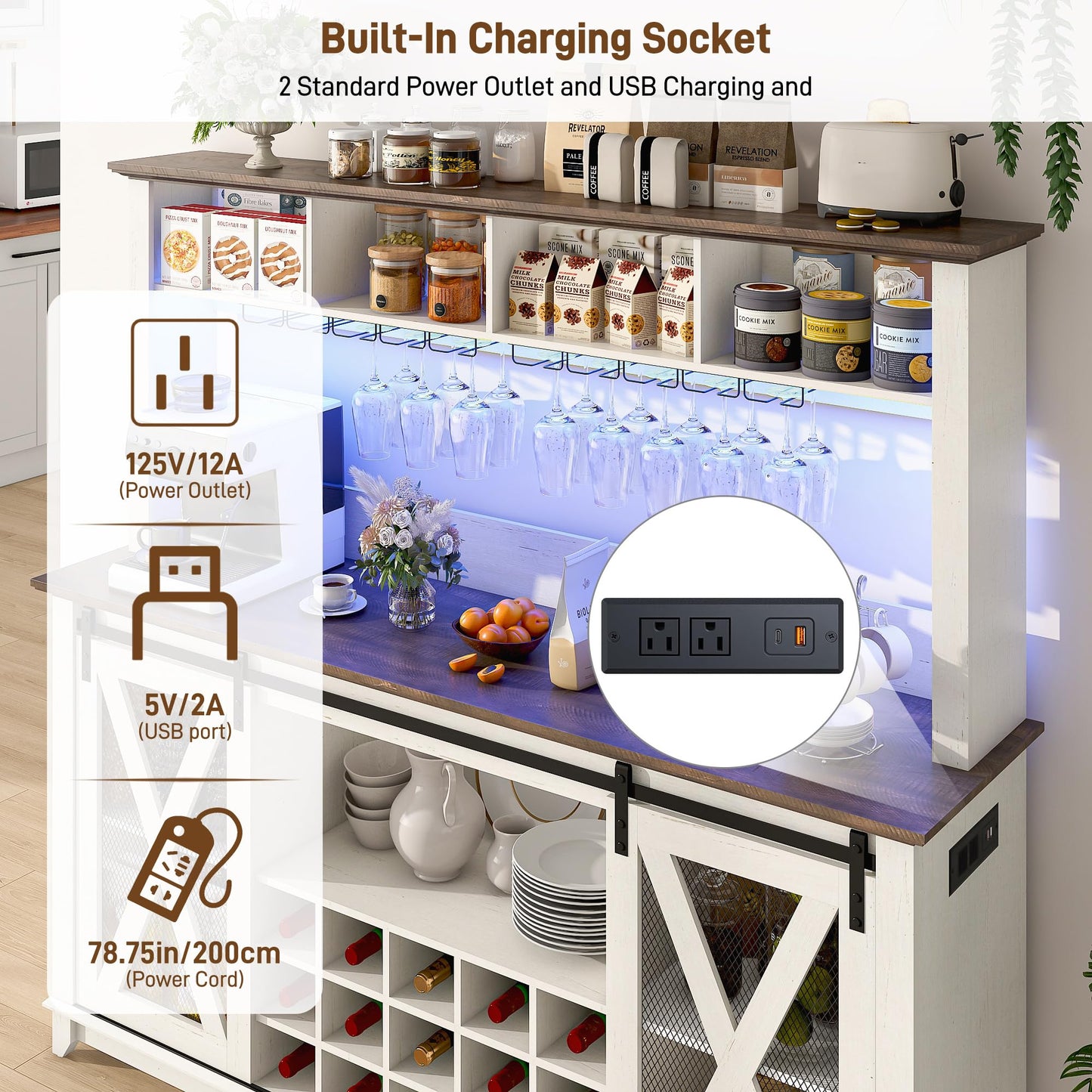 63"Wide 58"H Farmhouse Coffee Bar Cabinet with Power Outlet and LED Light,Wine Bar Cabinet w/ 4 Storage Hutch,Kitchen Buffet Cabinet with 15 Wine and Glass Racks for Kitchen Dining Room(Antique White)