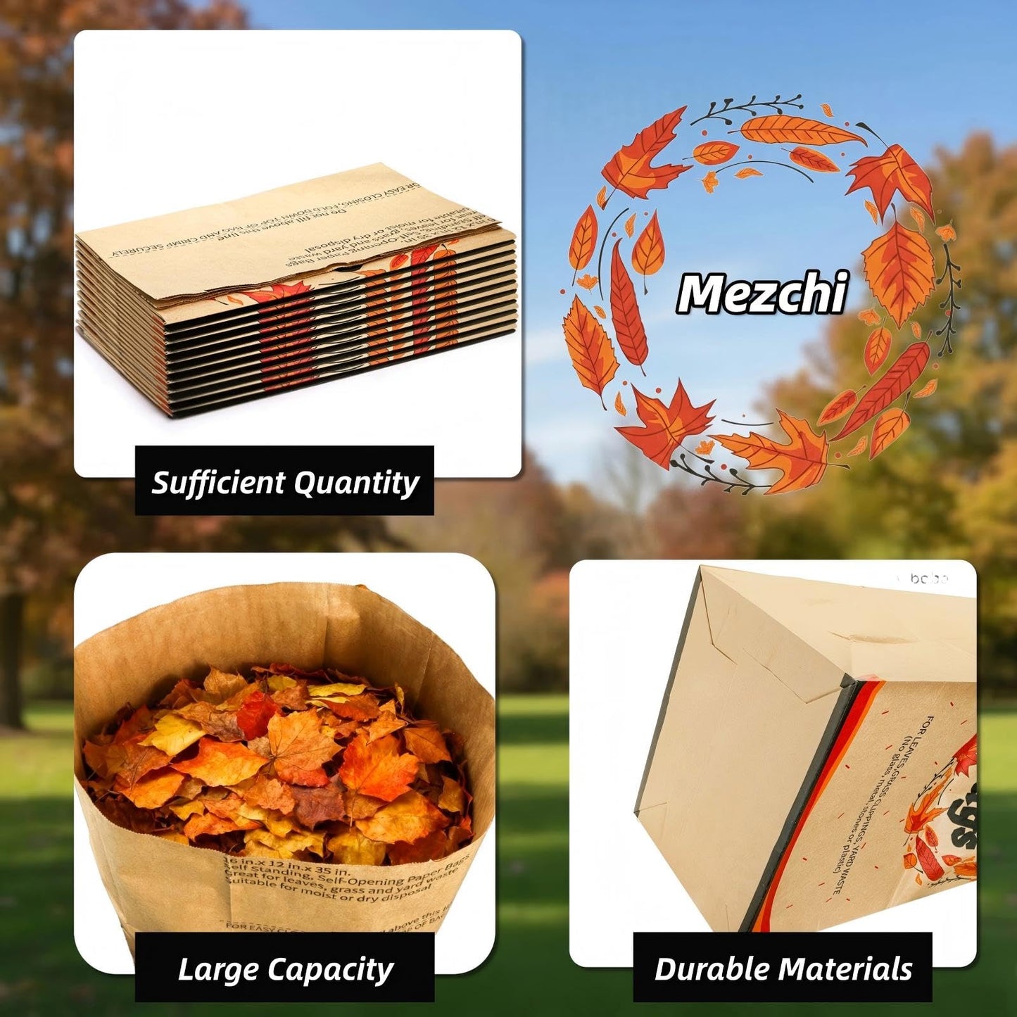 Mezchi 10 Pack 30 Gallon Lawn and Leaf Bags, 2-Ply Heavy Duty Yard Waste Bags, Brown Paper Lawn and Refuse Bags, Large Trash Bag for Home, Garden, Landfill, Tear Resistant and Self Standing