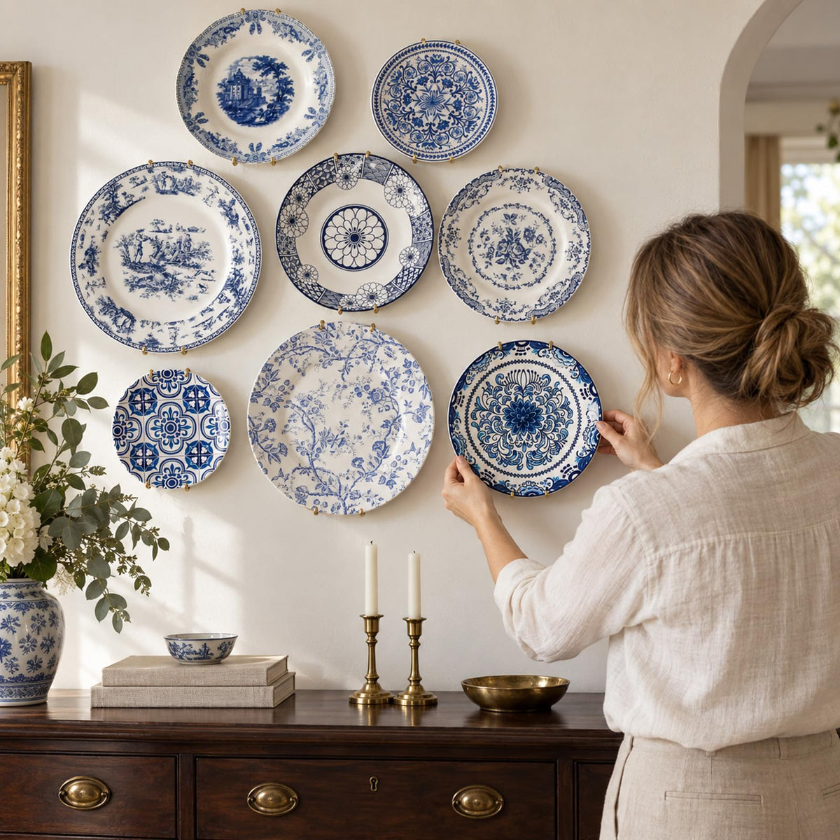 Ferrochef 8 Pcs Blue and White Ceramic Wall Plates with Hangers, Classic