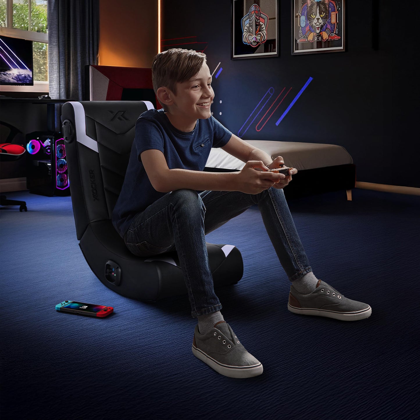 X Rocker Eclipse Video Gaming Floor Chair with Built-in Headrest Speakers, Wireless Bluetooth, Foldable, Vegan Leather, 300 lbs Max, Amazon Exclusive, Black and Silver, Gifts for Gamers