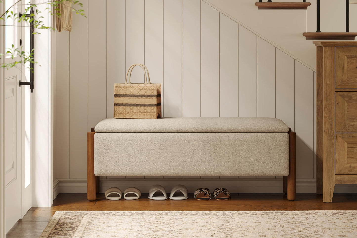Quenvo Modern Storage Benches with Walnut Wood Legs, 47'' Ottoman Bench with 20 Gallons Storage Space for Bedroom End of Bed, Fabric Upholstered Entryway Bench with Seating for Livingroom, Beige