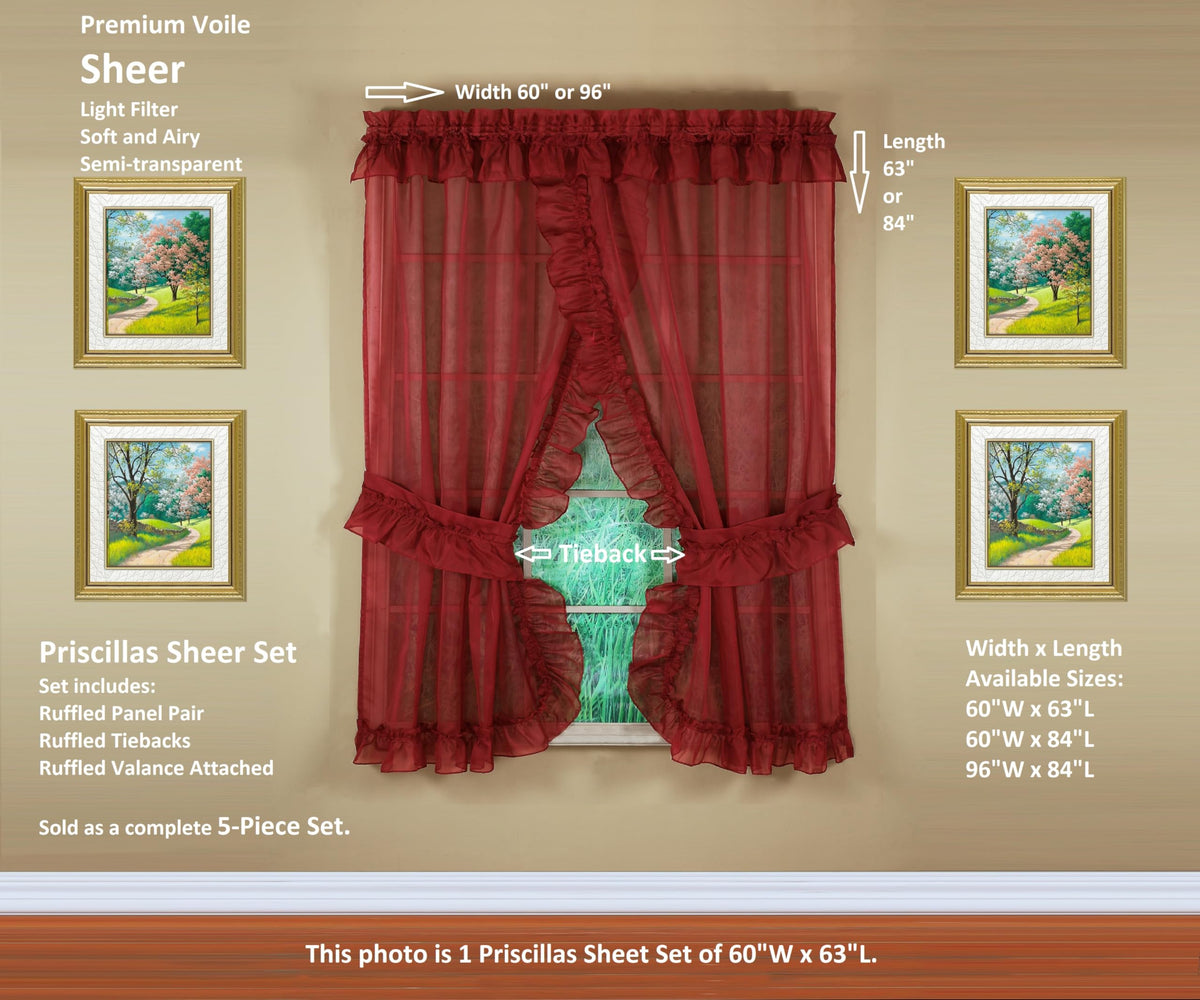 Today's Curtain, Emelia Priscilla Sheer Pair 60" W x 63" L, Burgundy, 5-Piece-Set