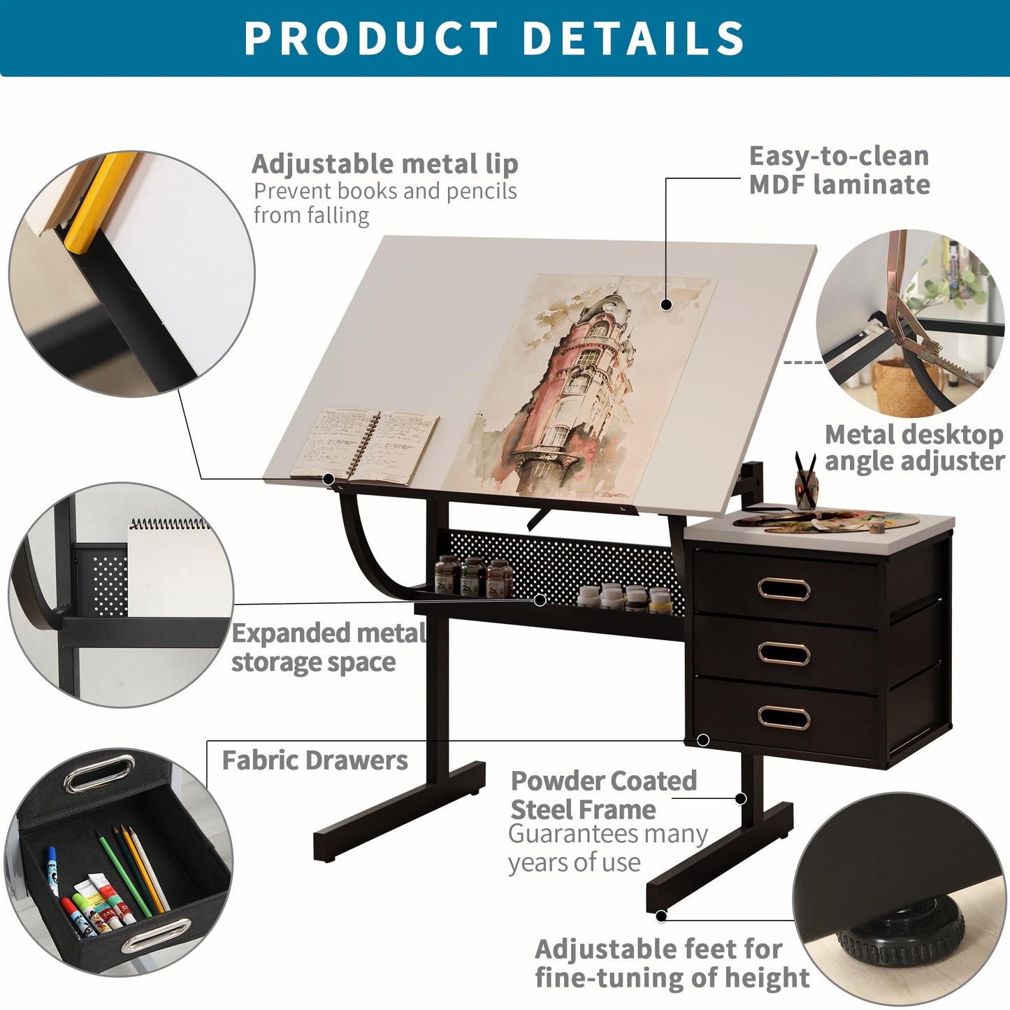 MOMONITOR White Adjustable Drafting Table with Stool & 3 Drawers, Tilting Art Desk for Drawing & Crafting, Multi-Functional Study & Office Desk