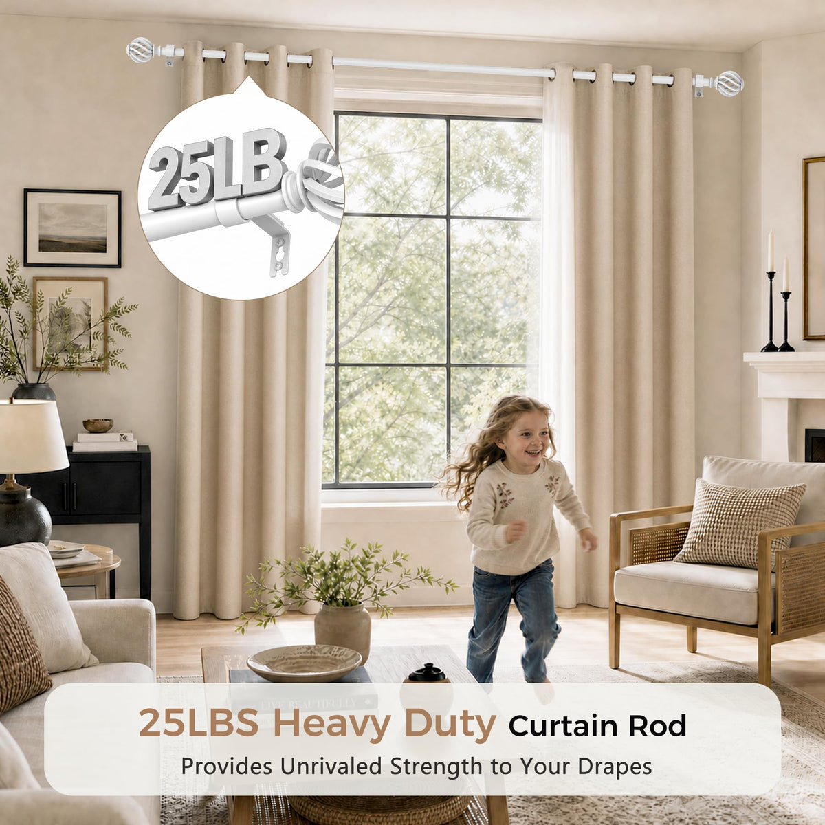 White Decorative Curtain Rods for Windows, 2 Pack Adjustable 30-60 Inch