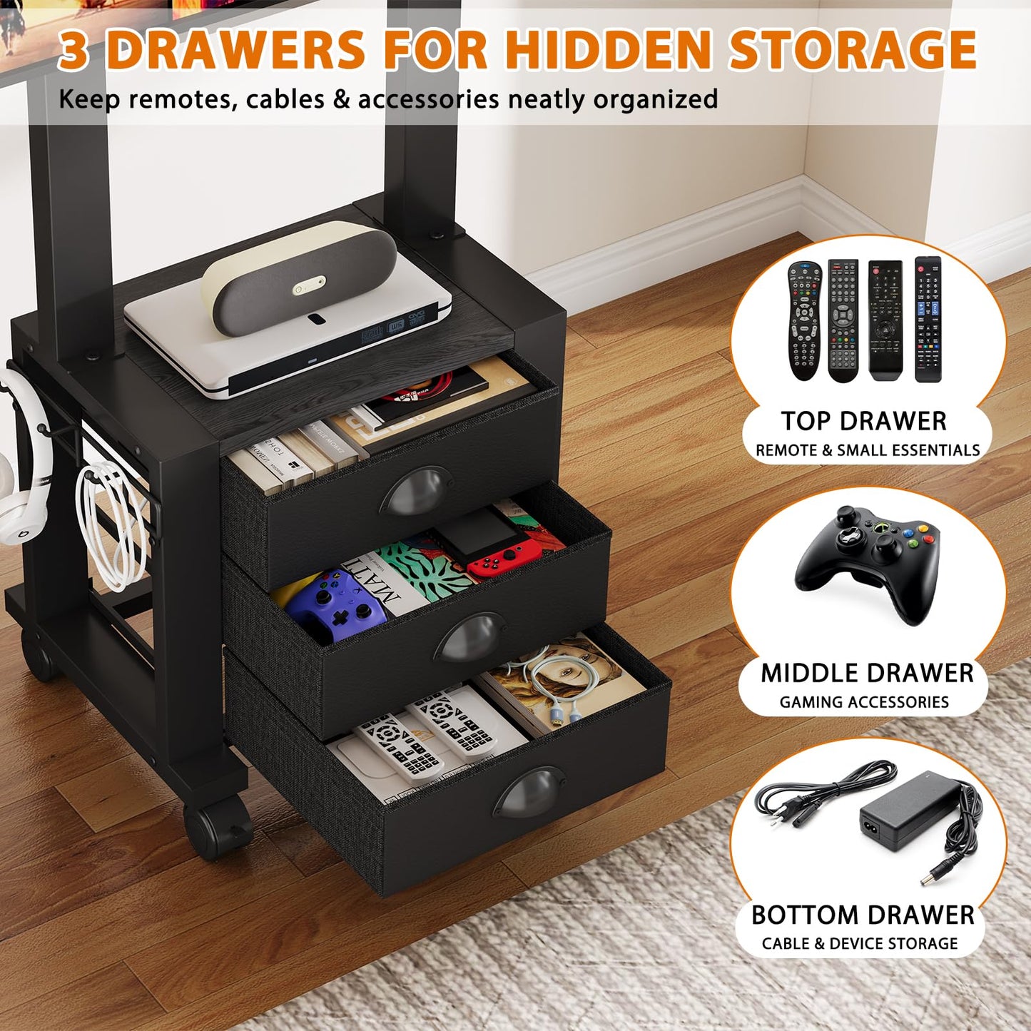 Rolling TV Stand with 3 Drawers for 23-60 Inch TVs with Storage