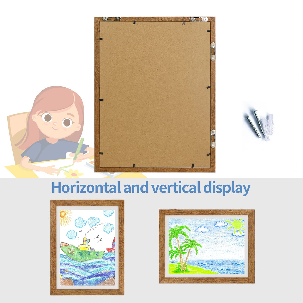 iRahmen Kids Art Frames 8.5x11 Set of 2 - Front Opening Childrens Picture Frame Changeable, Wood Artwork Display Storage for Wall Mount, Magnetic Door Holds 50 Art Pieces for Drawings, 3D Picture, Crafts, Portfolio, Brown