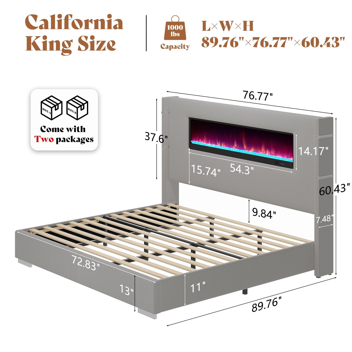 AMERLIFE Modern California King Size Bed Frame with Fireplace, Corduroy Upholstered Bed Frame with 60.4“ Extra Tall Headboard, Wingback Platform Bed Frame Wooden Slats/No Box Spring Needed, Greige