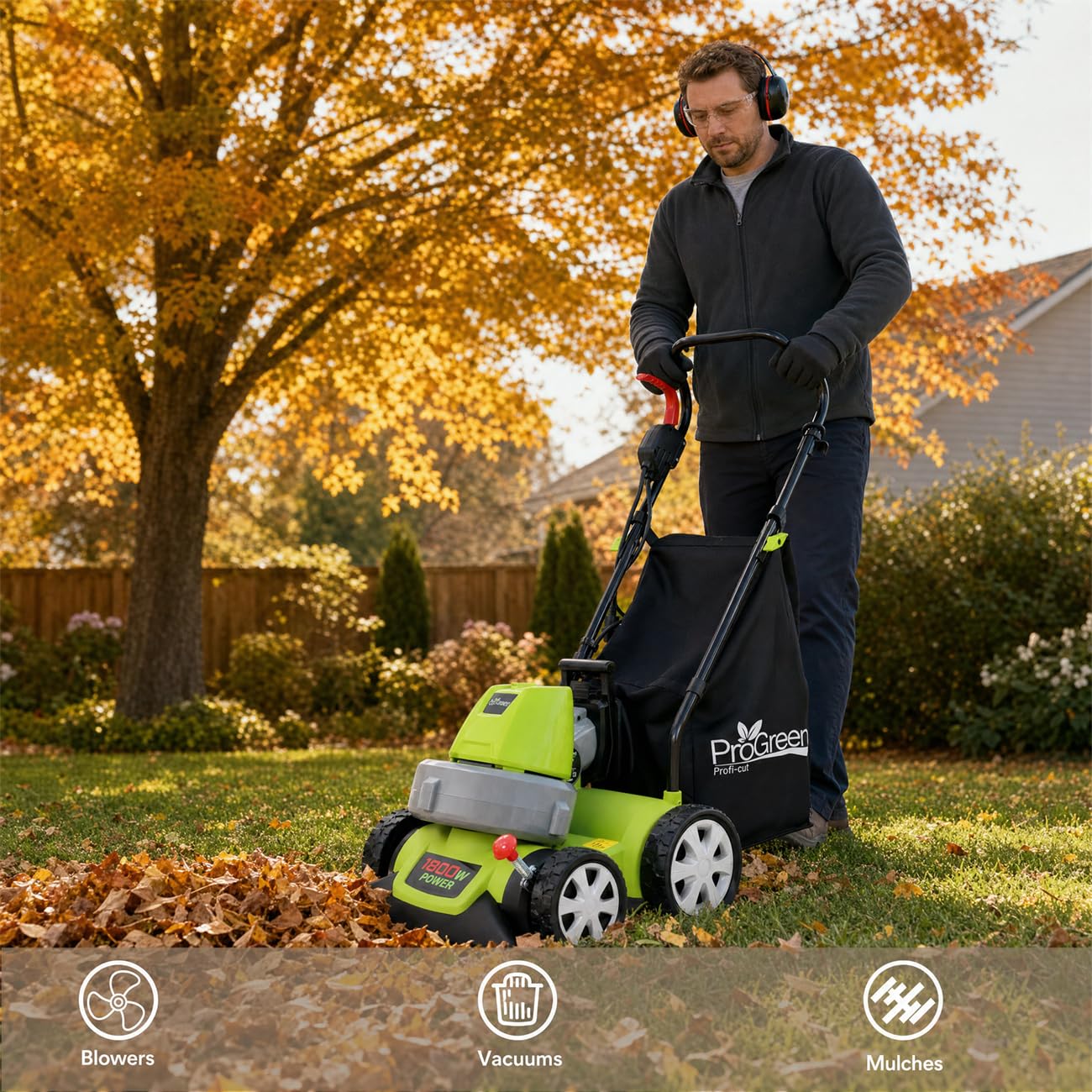 1600W 3-in-1 Leaf Vacuum Blower Mulcher, Multipurpose Garden Debris Cleaner with 12 Gallon Collection Bag, Adjustable Nozzle Wheeled Outdoor Cleaner for Lawn Walkway Yard Maintenance