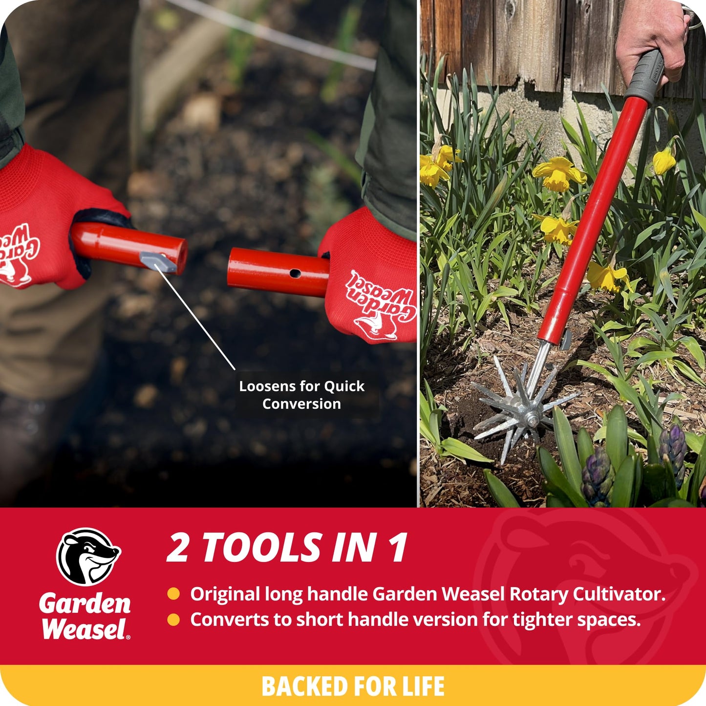 Garden Weasel Rotary Cultivator & Hand Tiller - 2-in-1 | Aerate, Weed, Cultivate, Plant, Reseed | Lawn Reseeding Garden Tool, Garden Soil Loosener | 91206 Gift for Dad, Idea