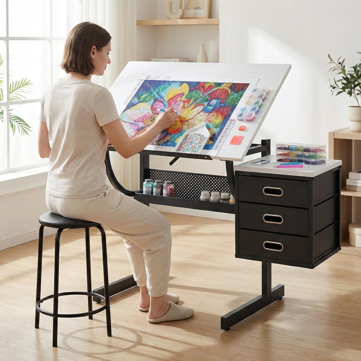MOMONITOR White Adjustable Drafting Table with Stool & 3 Drawers, Tilting Art Desk for Drawing & Crafting, Multi-Functional Study & Office Desk