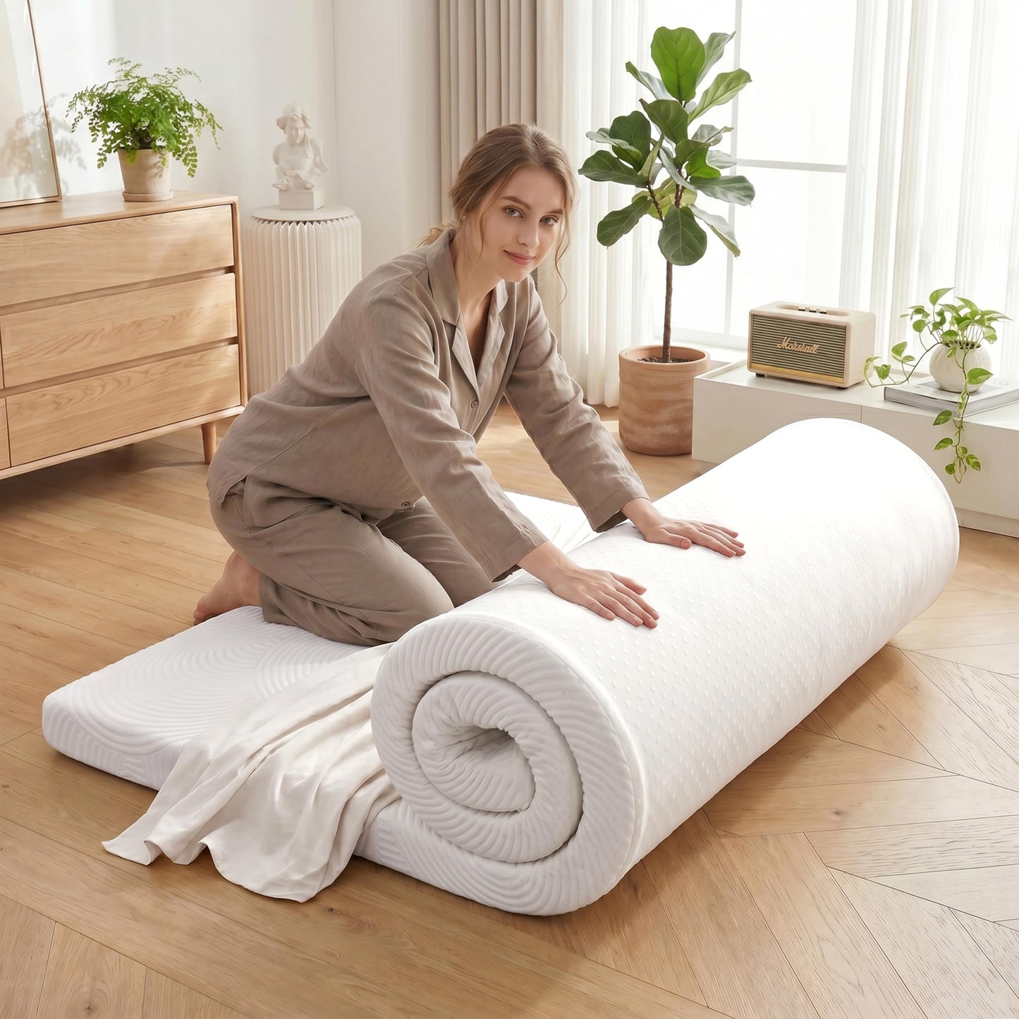 Castage Japanese Floor Mattress, 3.5" Thicken Futon Mattress Tatami Mat with Non-Slip Bottom,Removable Washable Cover,Foldable Mattress Tatami Mat Sleeping Pad，White Geometric，Twin（80‘’x36‘’）