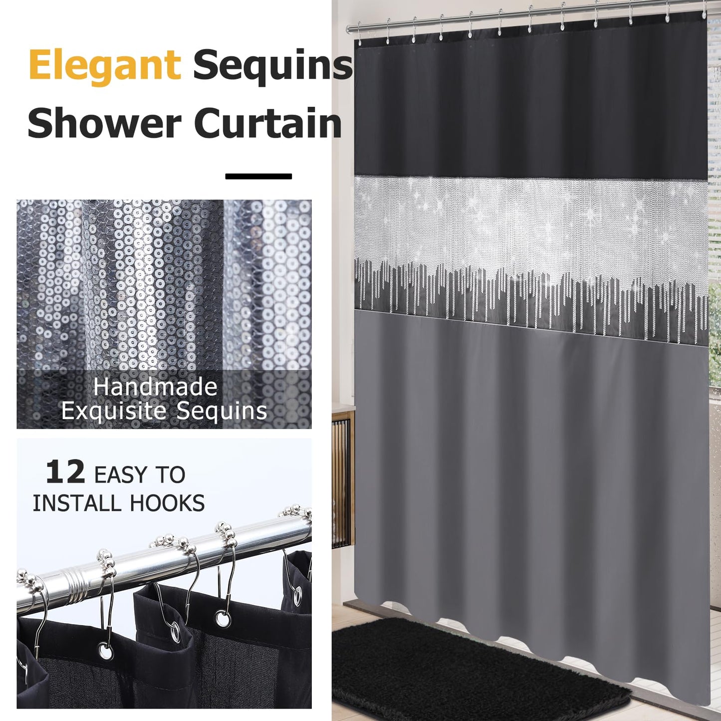 XLHOMO Bathroom Sets with Shower Curtain and Rugs,24PCS Black Bathroom Set Shower Curtain Set with Bathroom Trash Can Bathroom Accessories