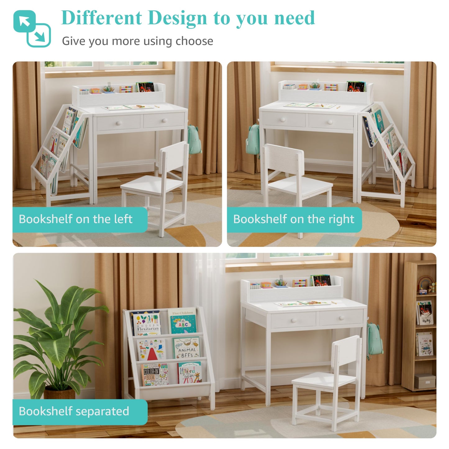MomZi White Kids Desk and Chair Set for 5-8 Year Old Girls Boys, Small Child Desk with Bookshelf, Children Study Table with Fabric Drawer and Storage
