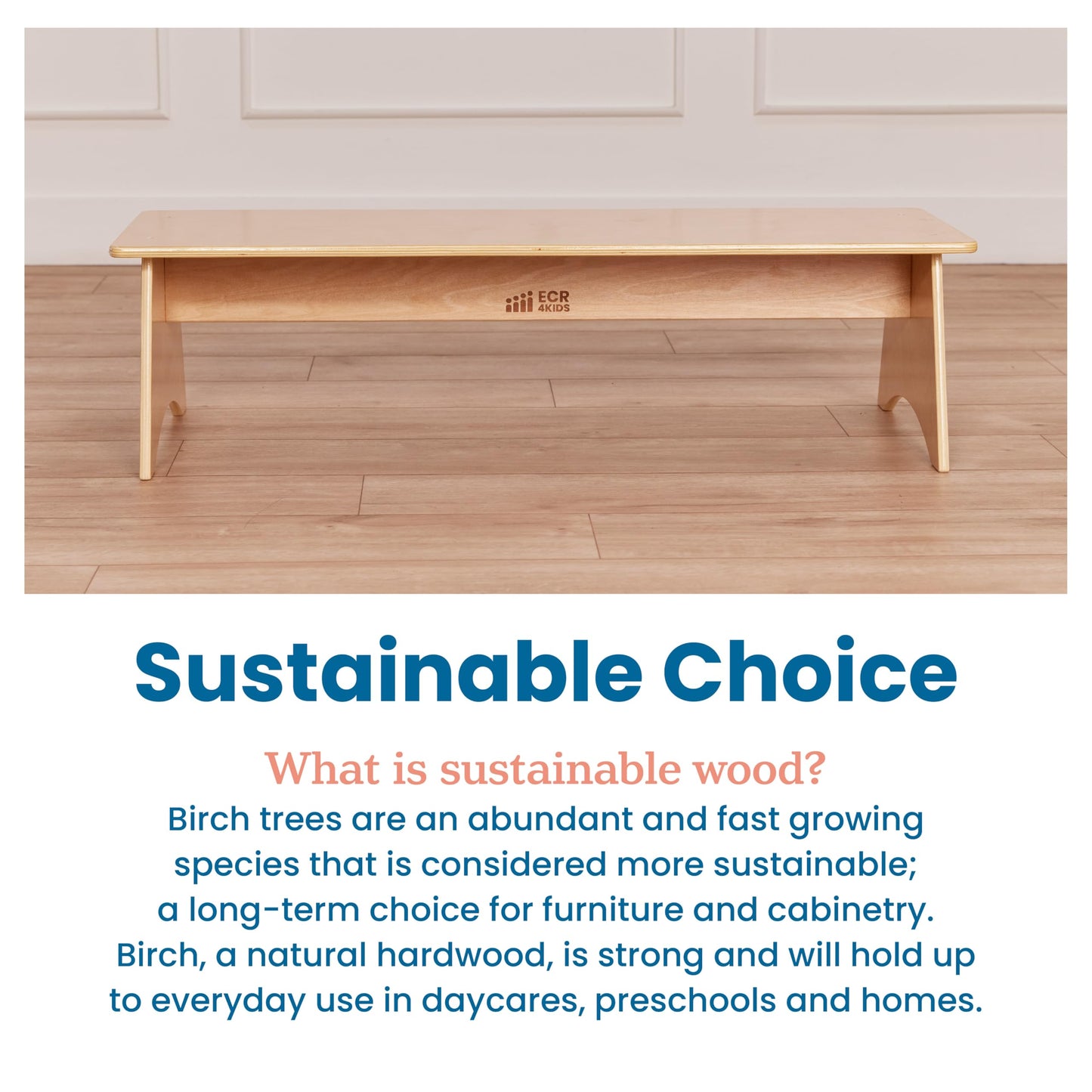 ECR4Kids Wooden Kiddo Classroom Bench, 12in Seat Height, Childrens Furniture, Natural