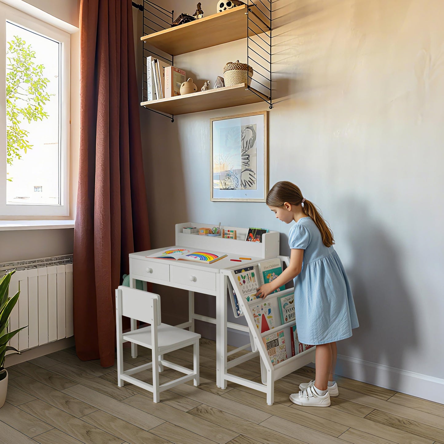 MomZi White Kids Desk and Chair Set for 5-8 Year Old Girls Boys, Small Child Desk with Bookshelf, Children Study Table with Fabric Drawer and Storage